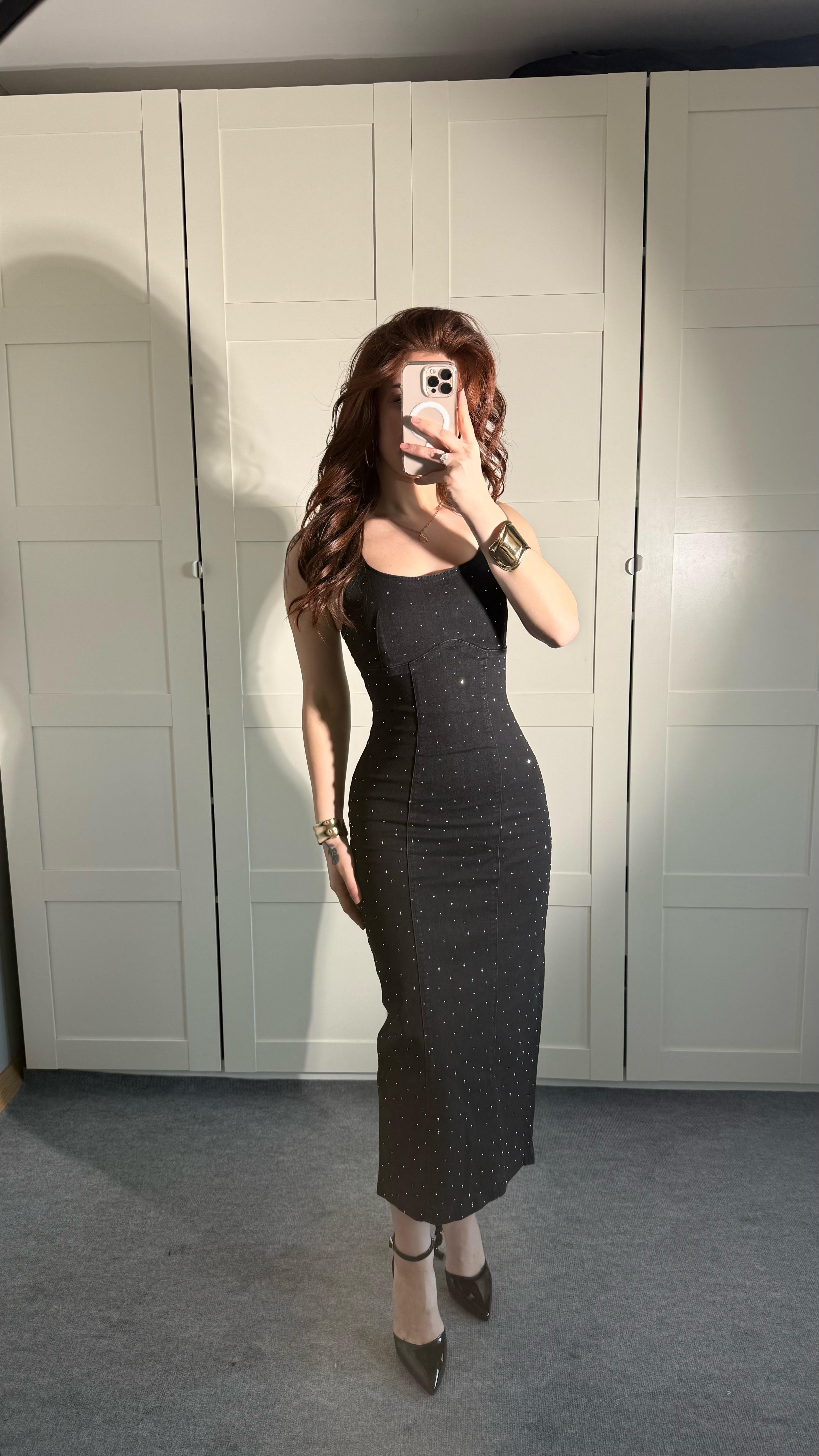 Denim Taşlı Elbise Füme 