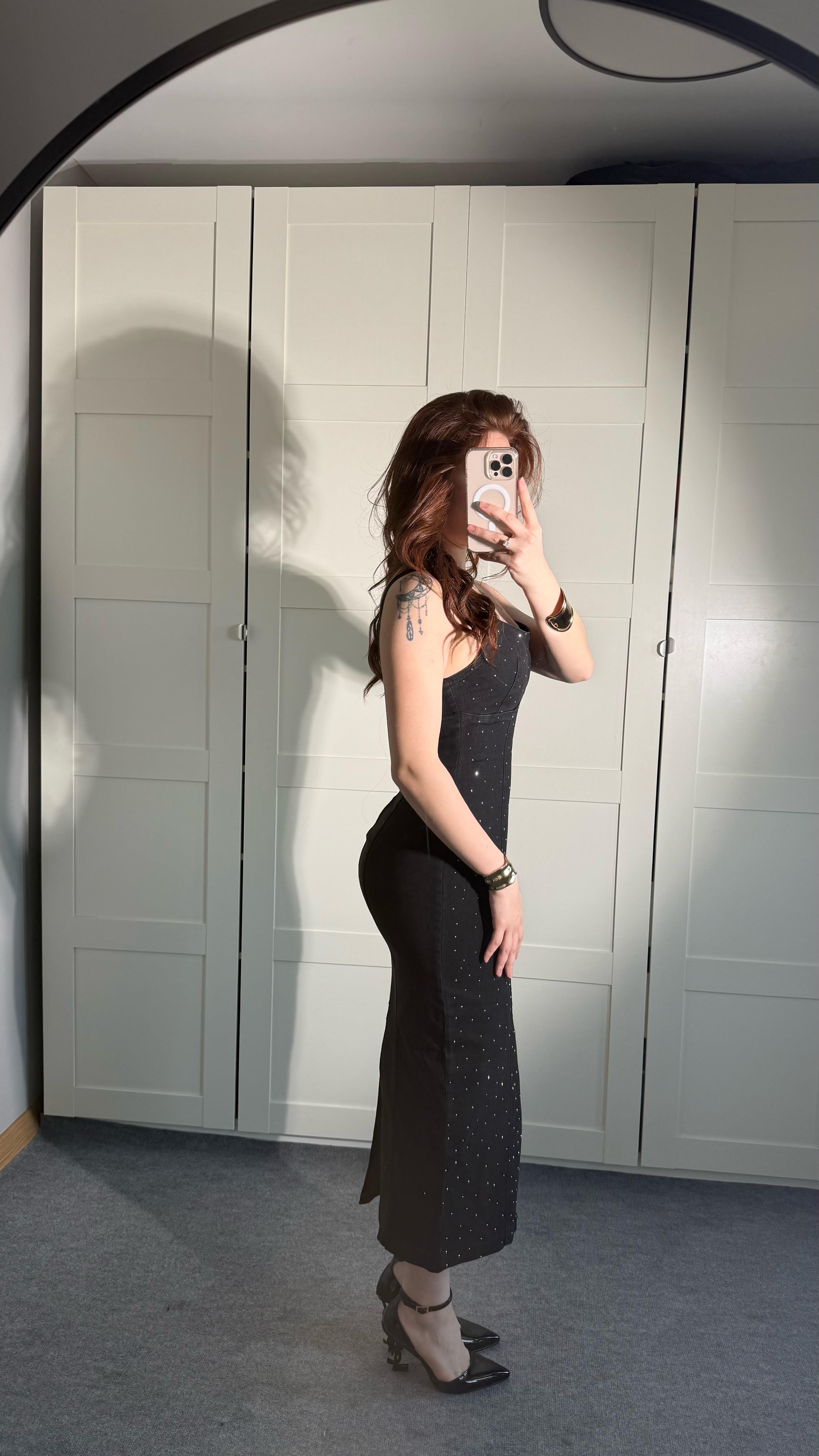 Denim Taşlı Elbise Füme 