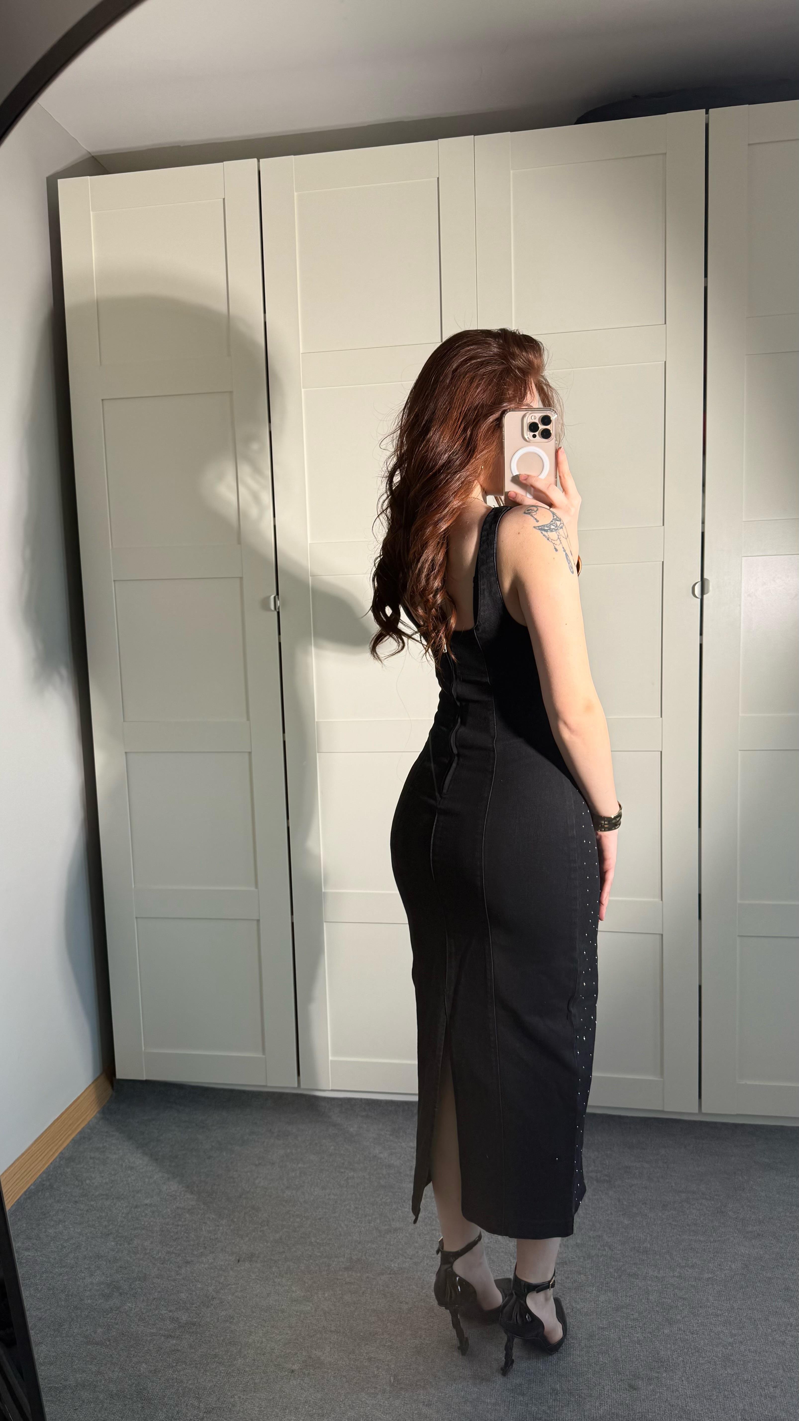 Denim Taşlı Elbise Füme 