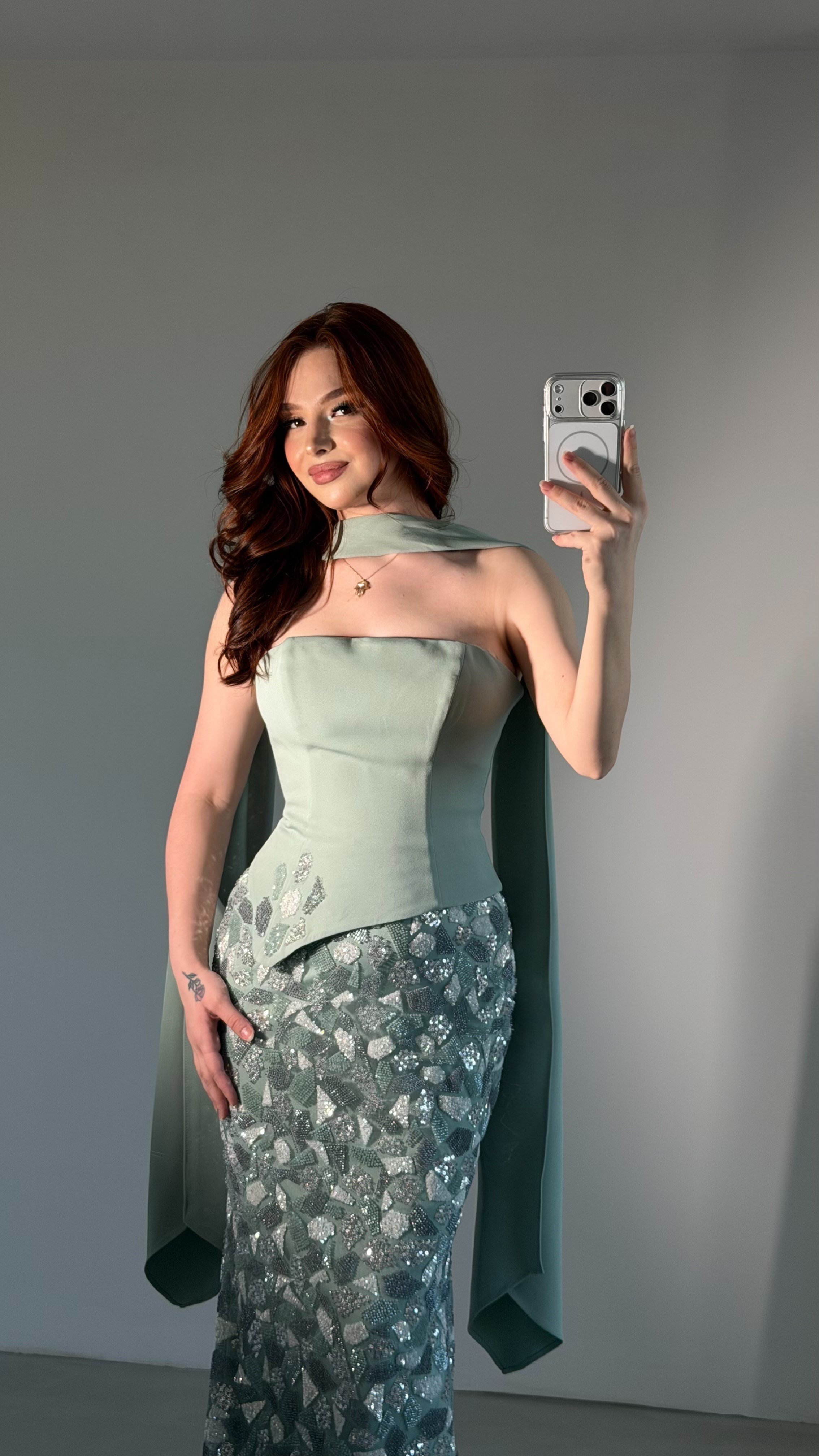 Deniz Kızı Balık Fularlı Abiye Su Yeşili