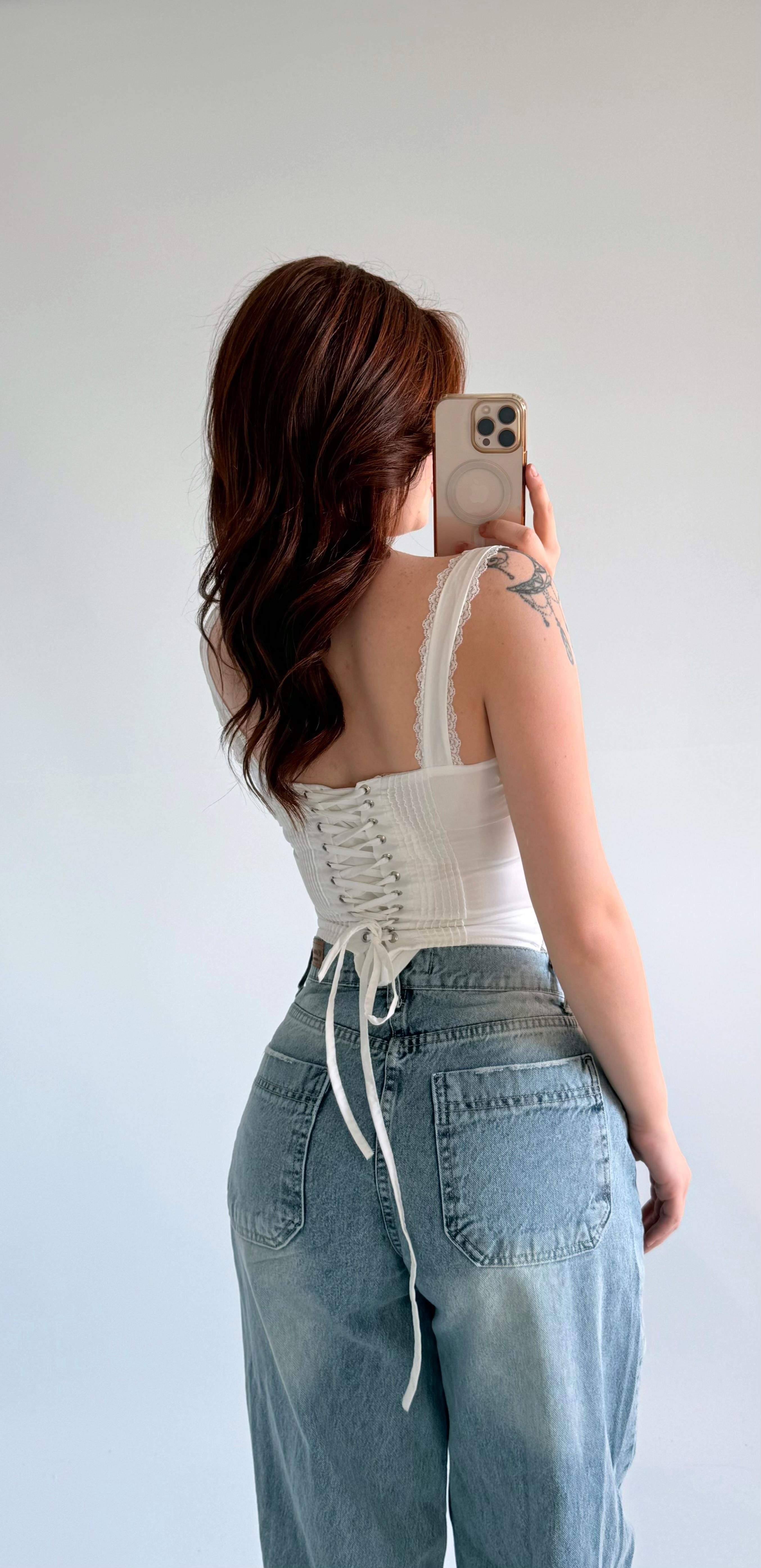 Diana Korse Kalın Askılı Crop Beyaz