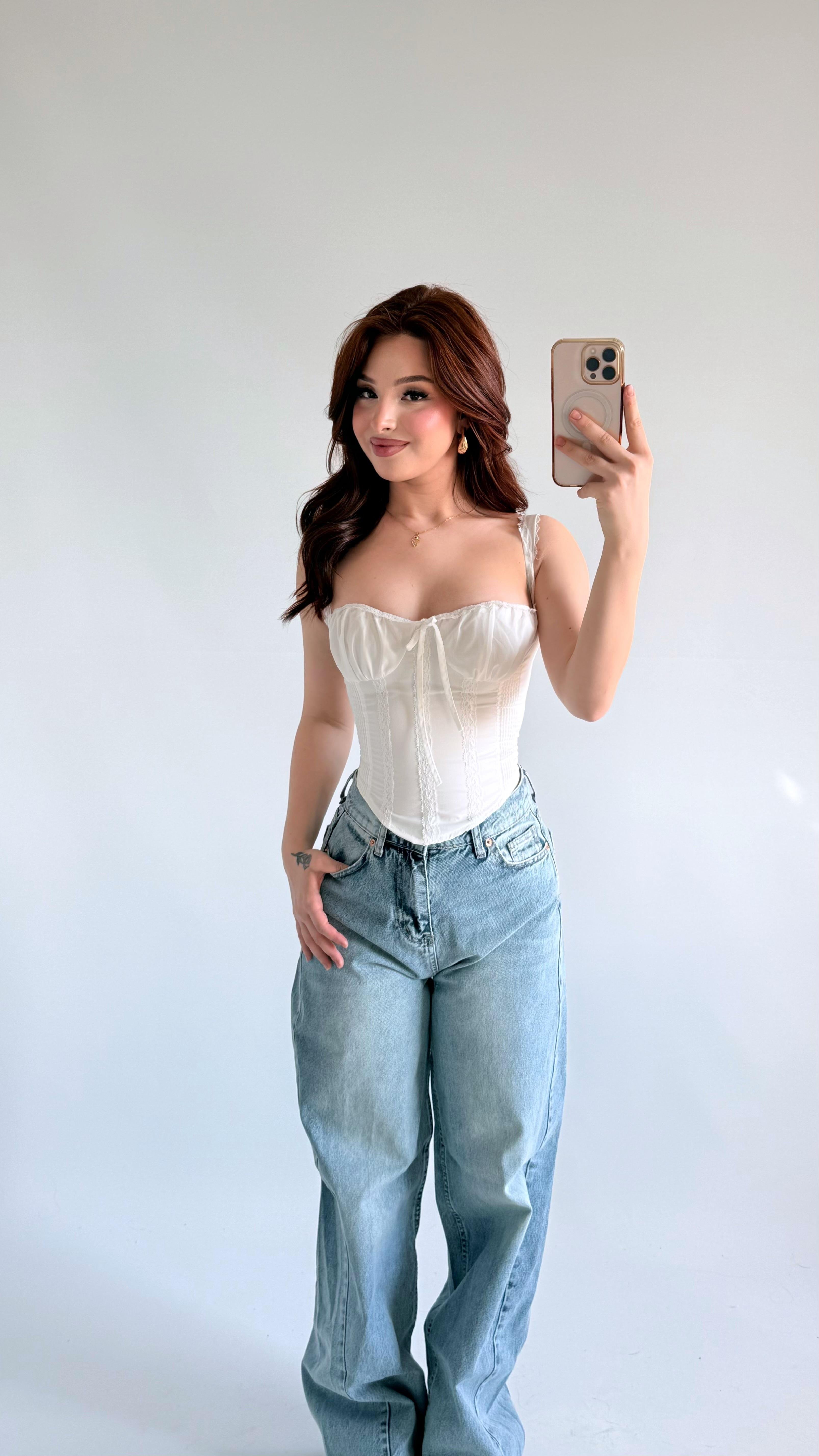 Diana Korse Kalın Askılı Crop Beyaz