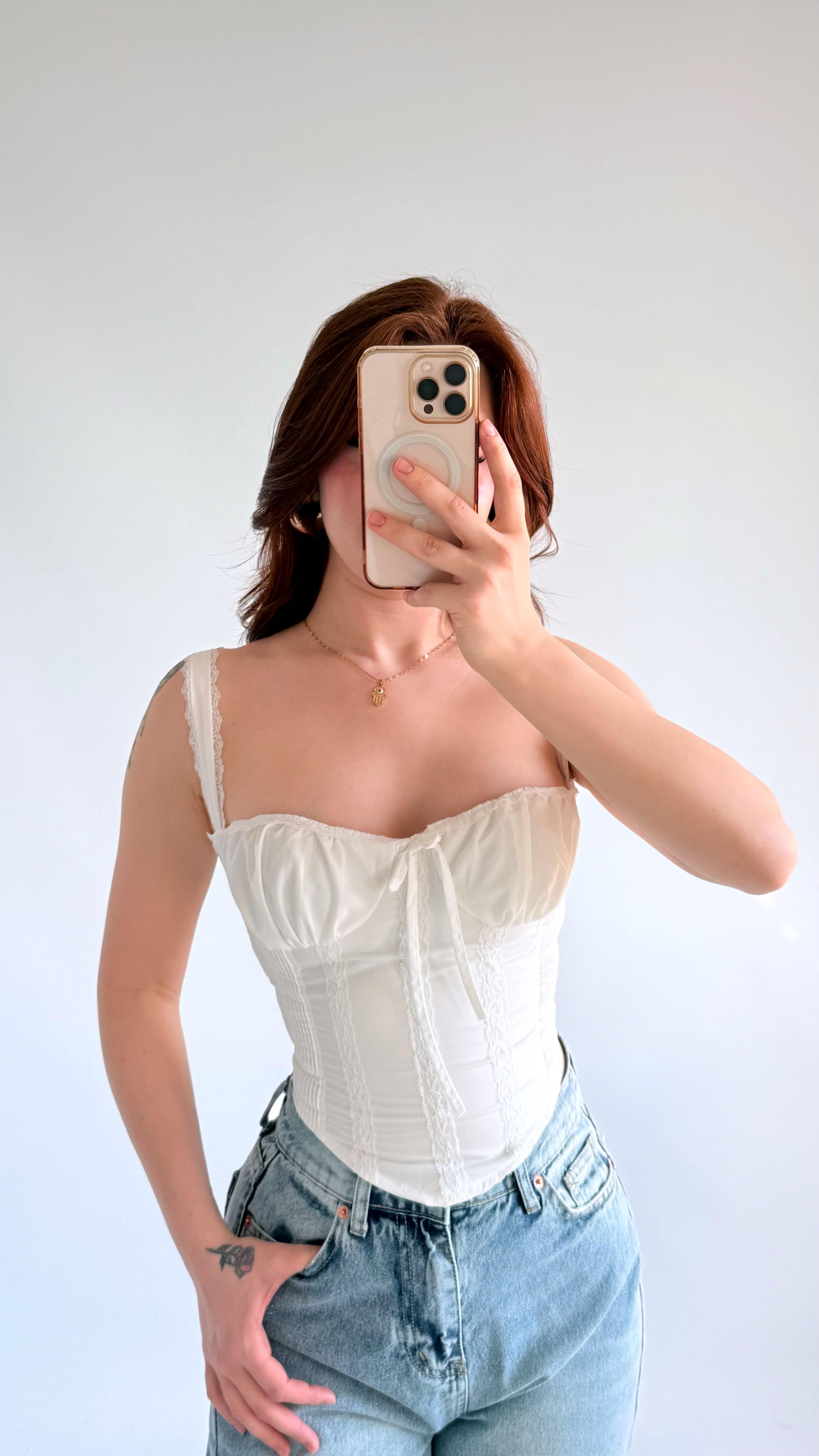 Diana Korse Kalın Askılı Crop Beyaz