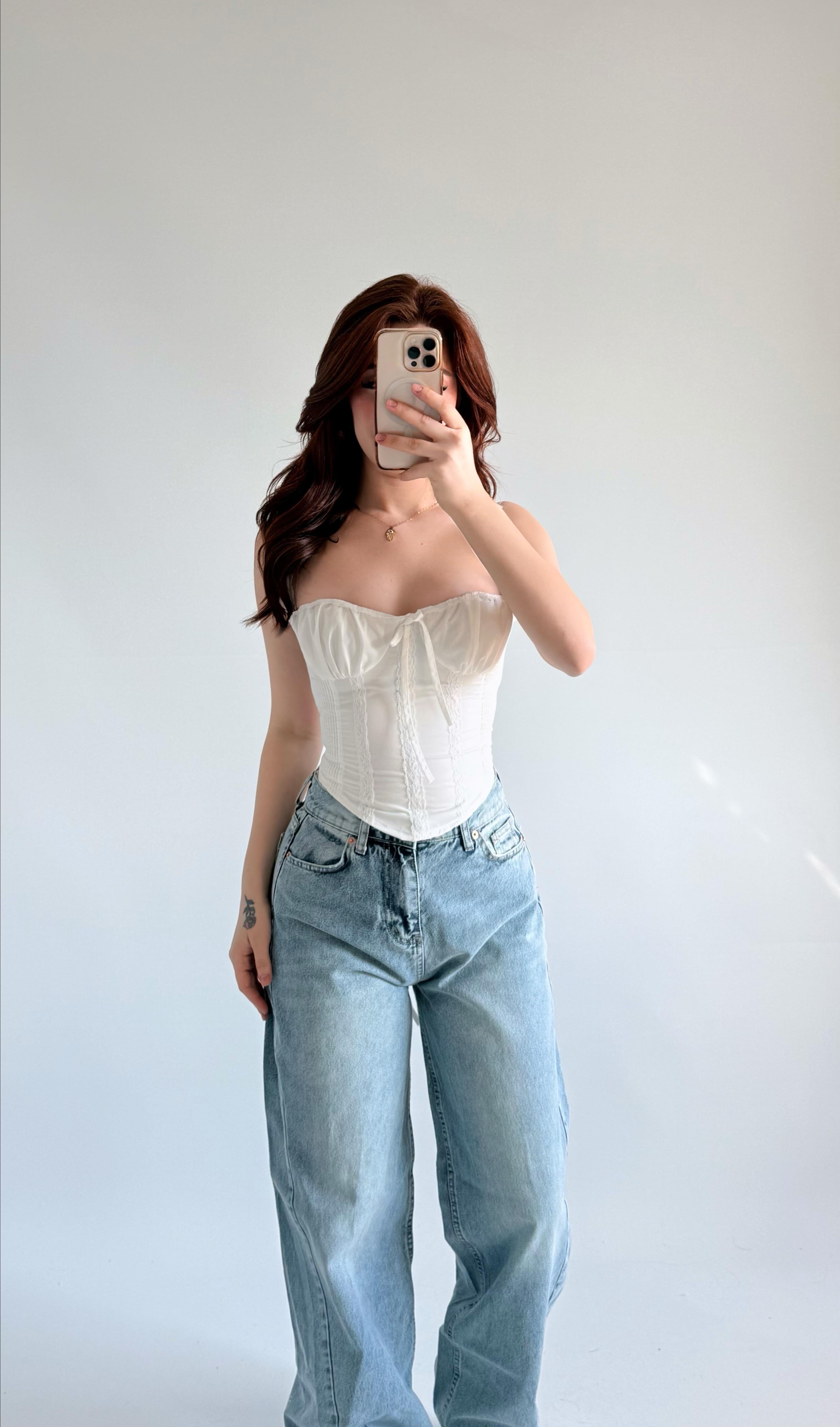 Diana Korse Kalın Askılı Crop Beyaz