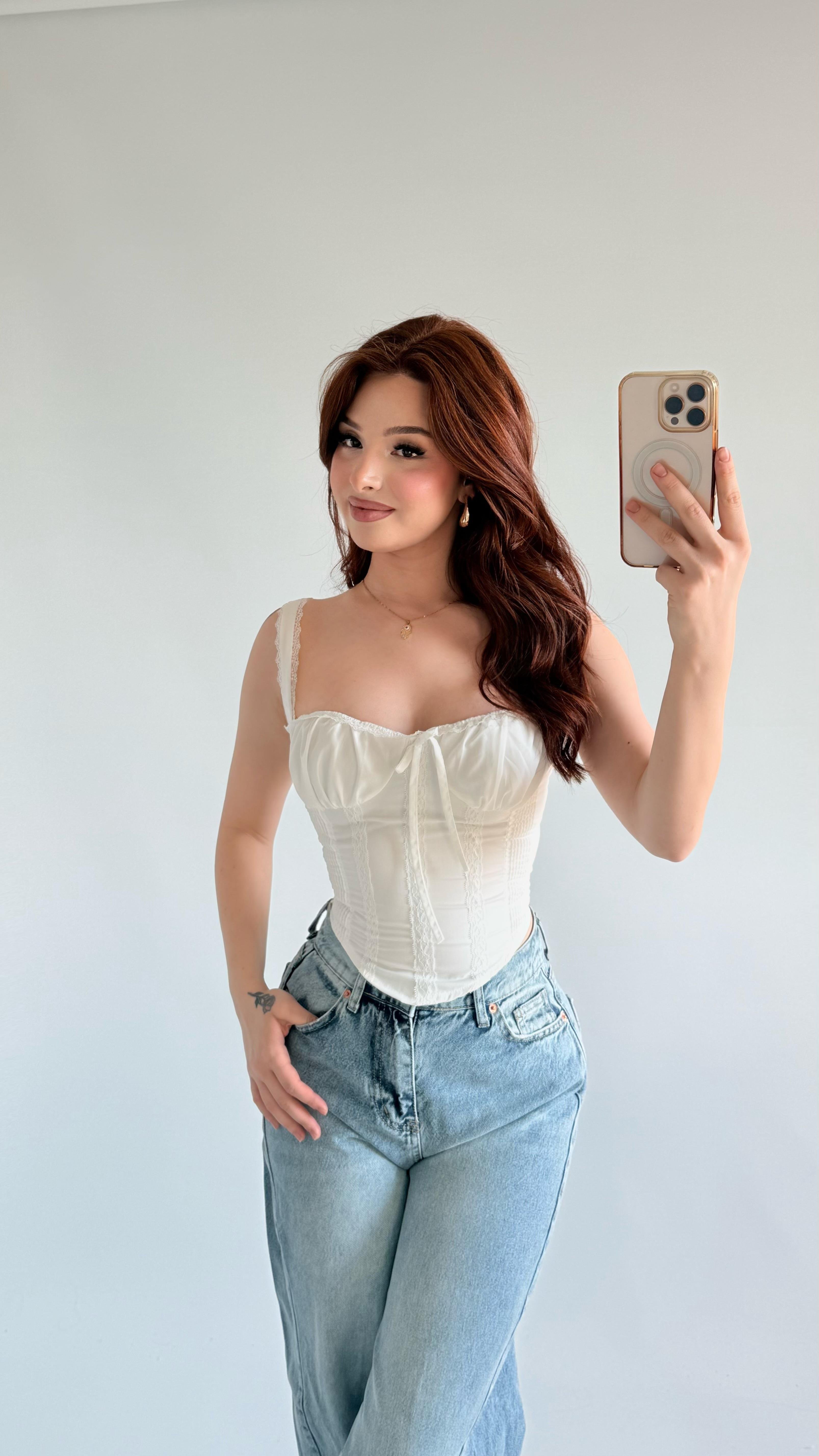 Diana Korse Kalın Askılı Crop Beyaz
