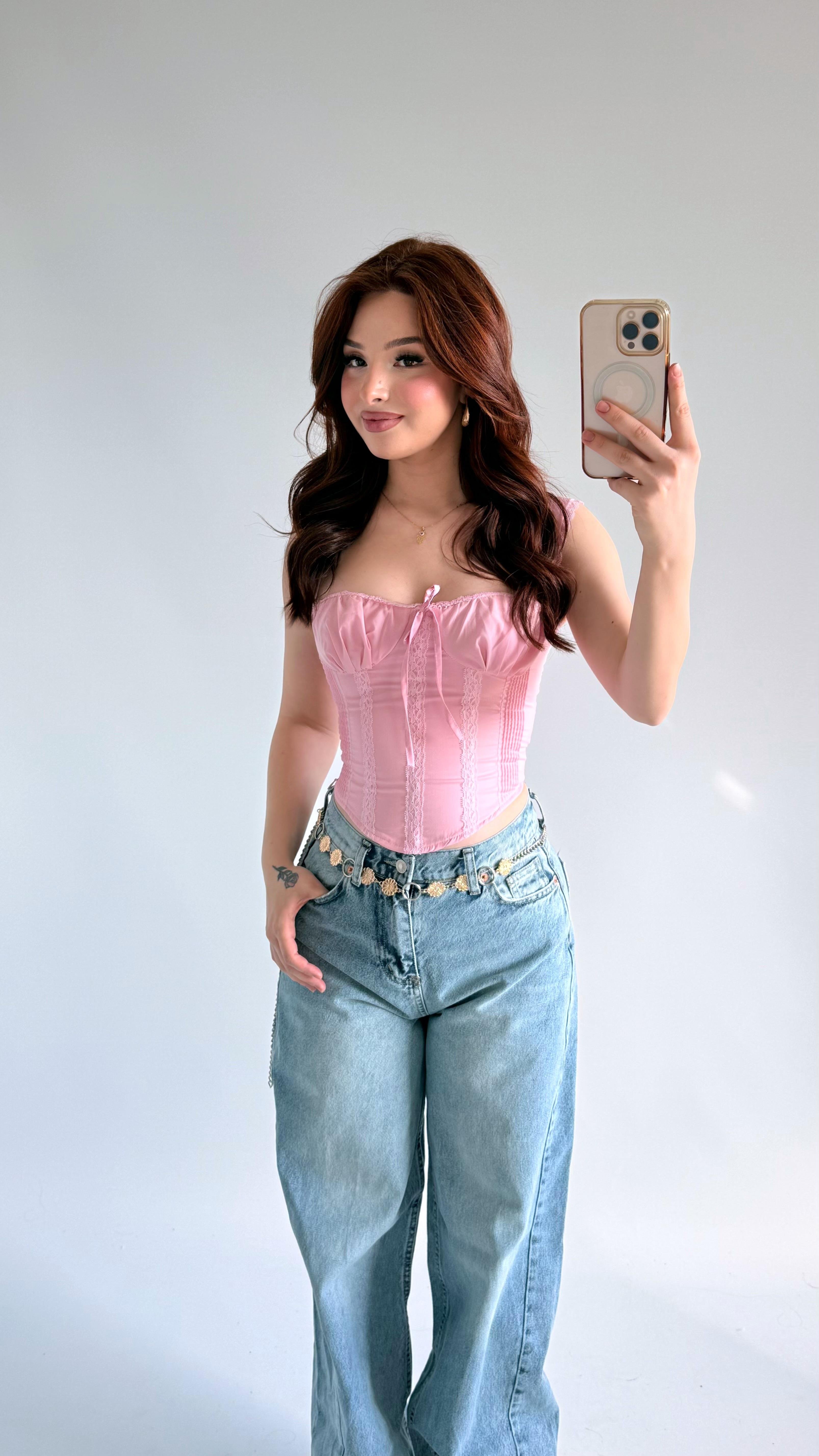 Diana Korse Kalın Askılı Crop Pembe