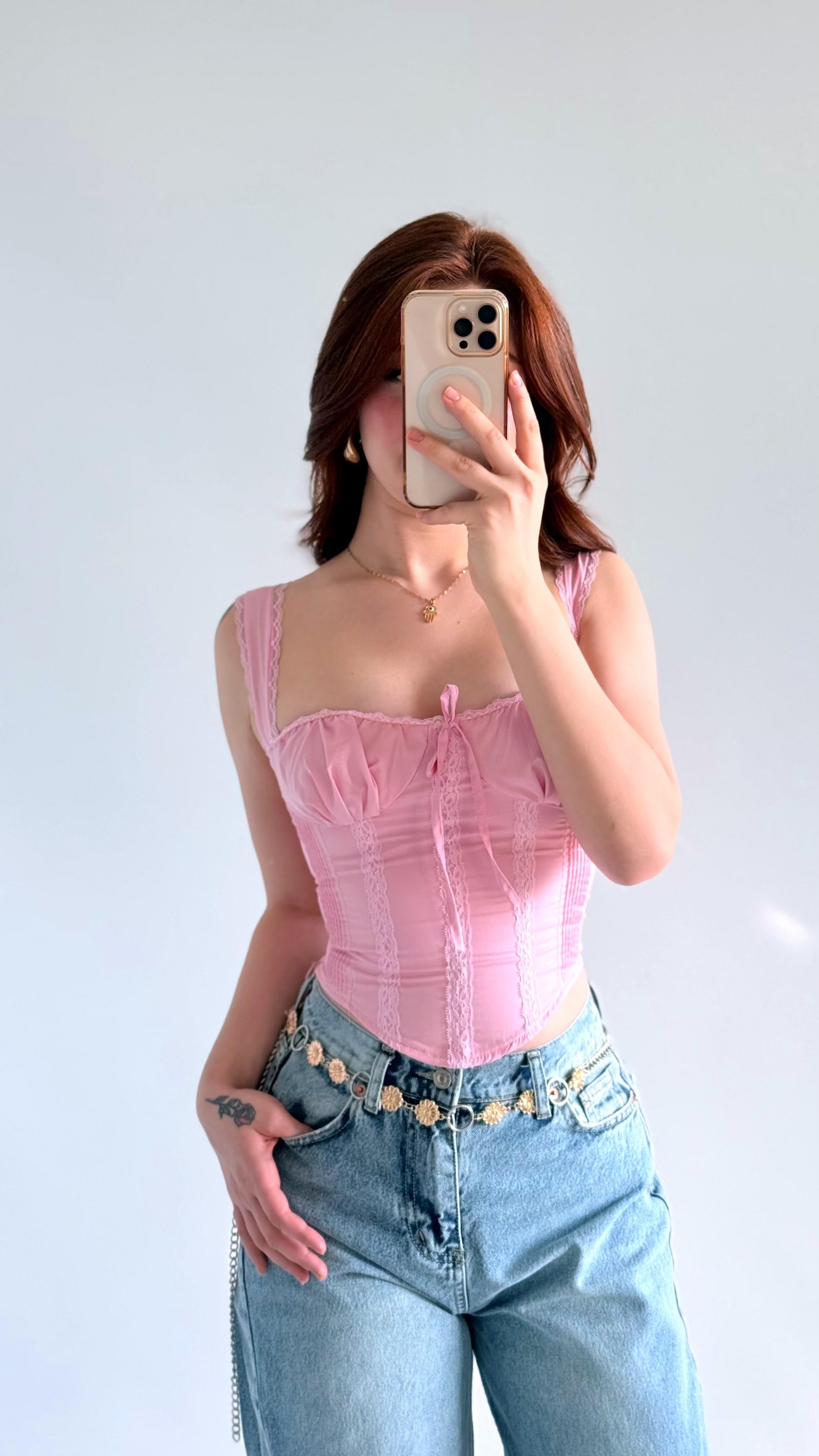 Diana Korse Kalın Askılı Crop Pembe