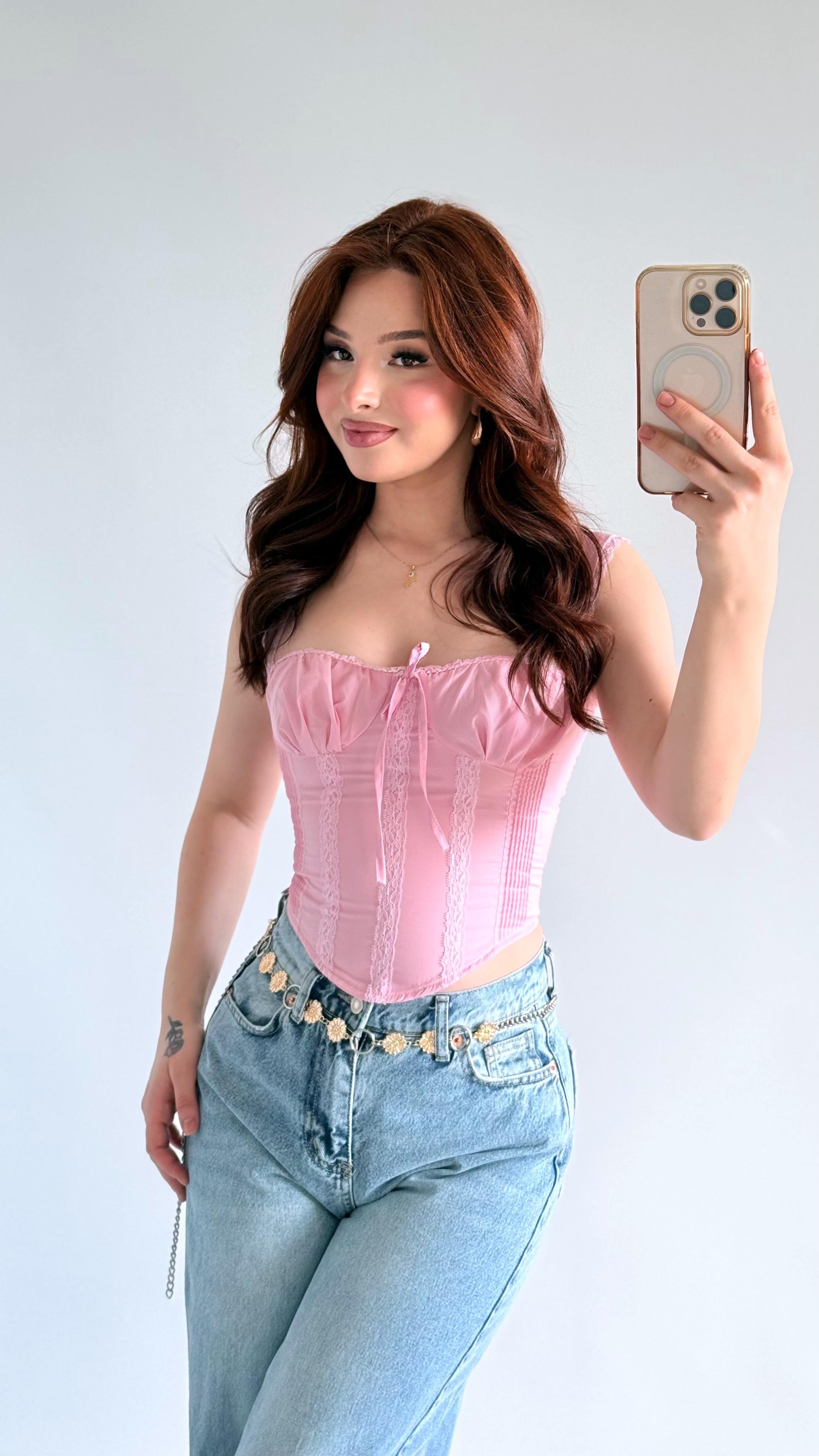 Diana Korse Kalın Askılı Crop Pembe