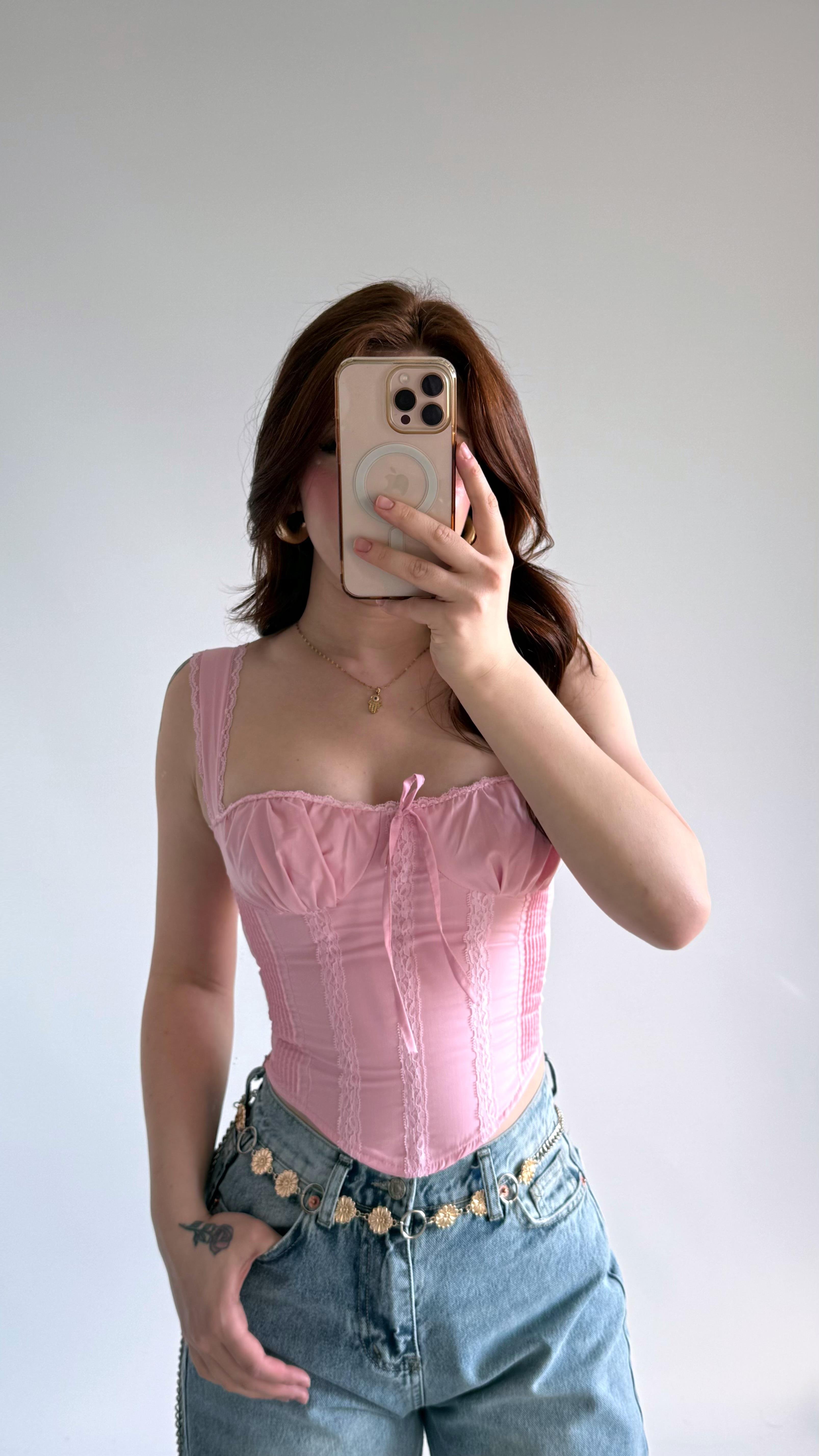 Diana Korse Kalın Askılı Crop Pembe
