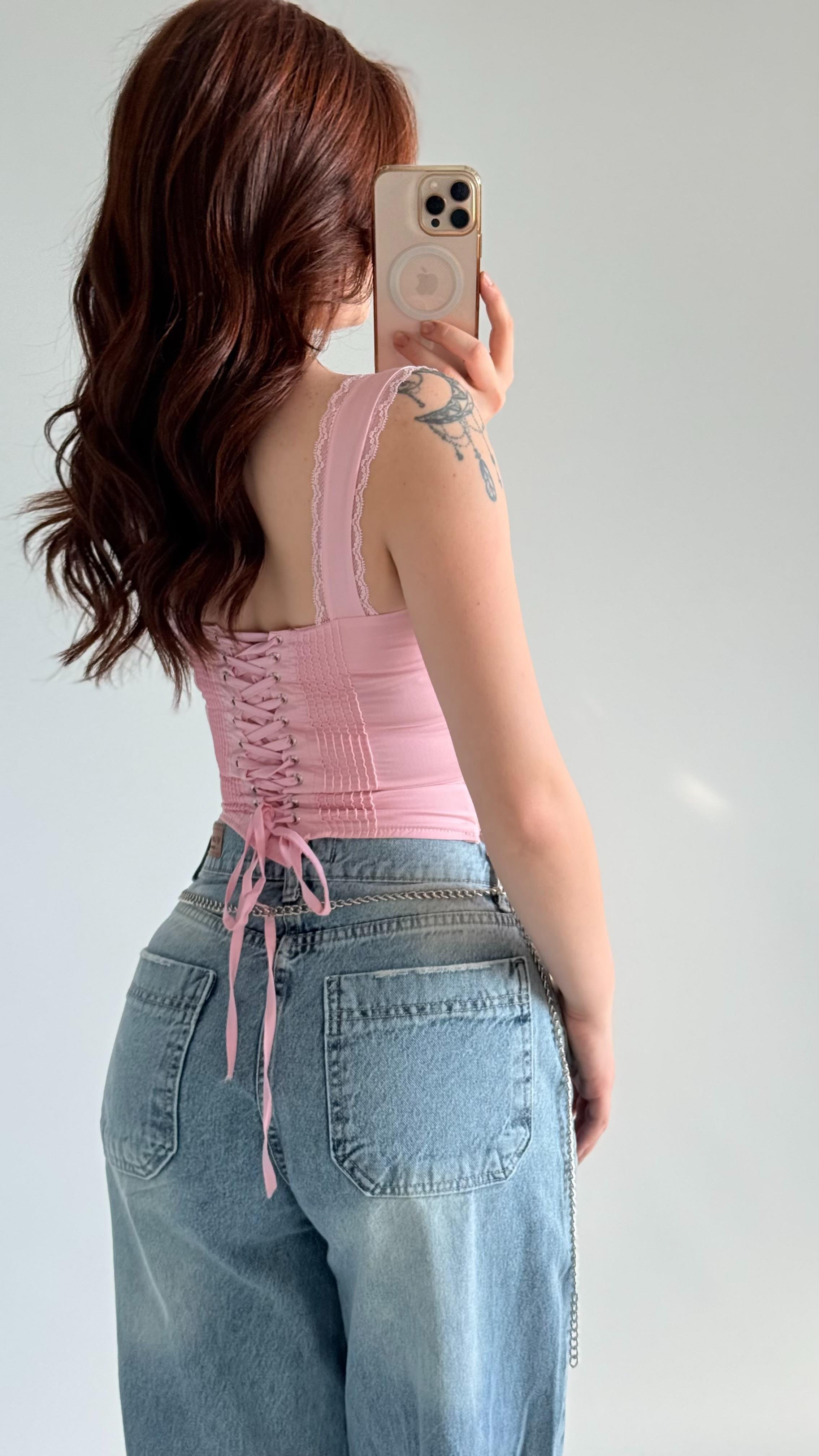 Diana Korse Kalın Askılı Crop Pembe