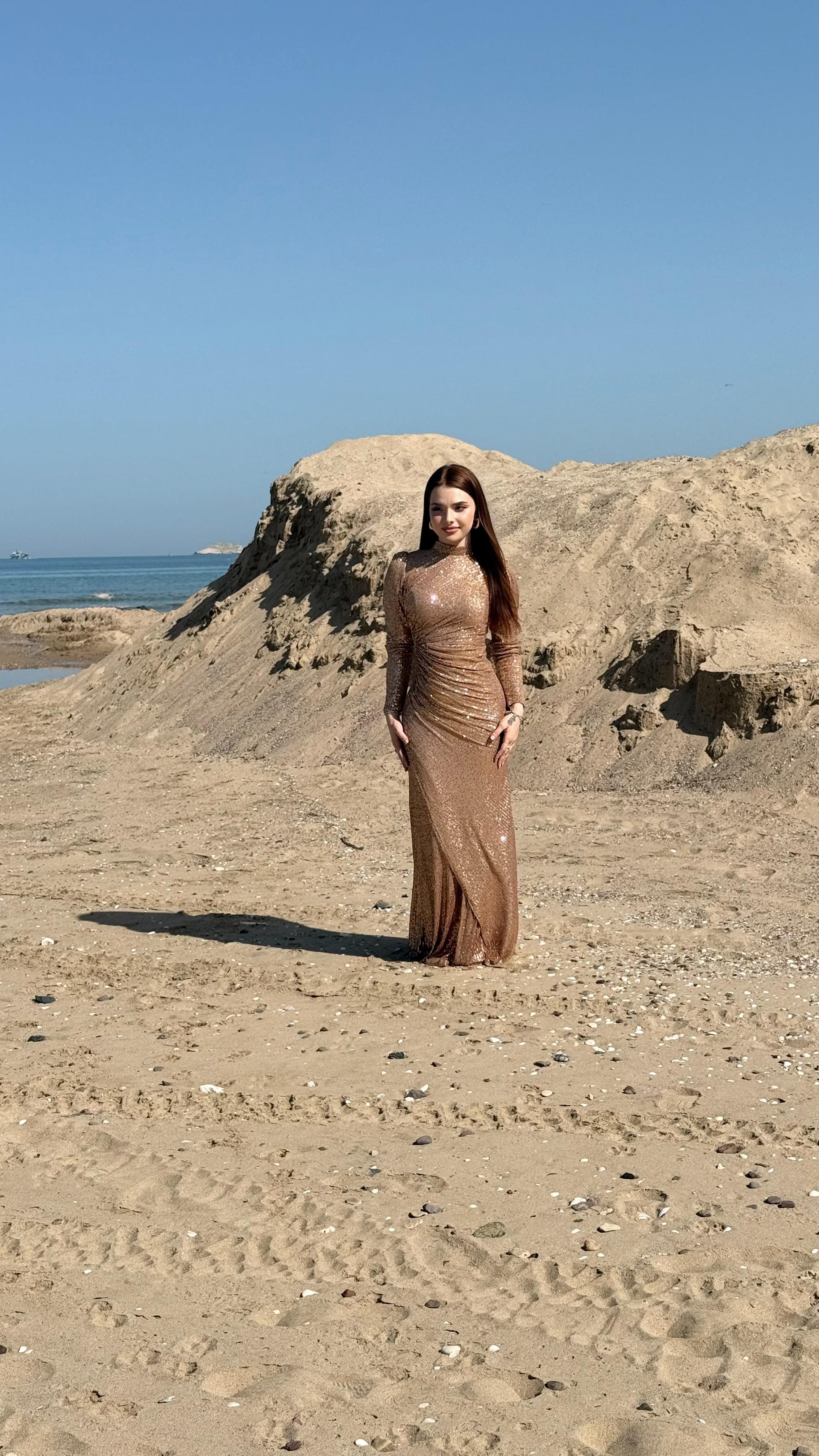 Disa Pul Payetli Abiye Rose Gold