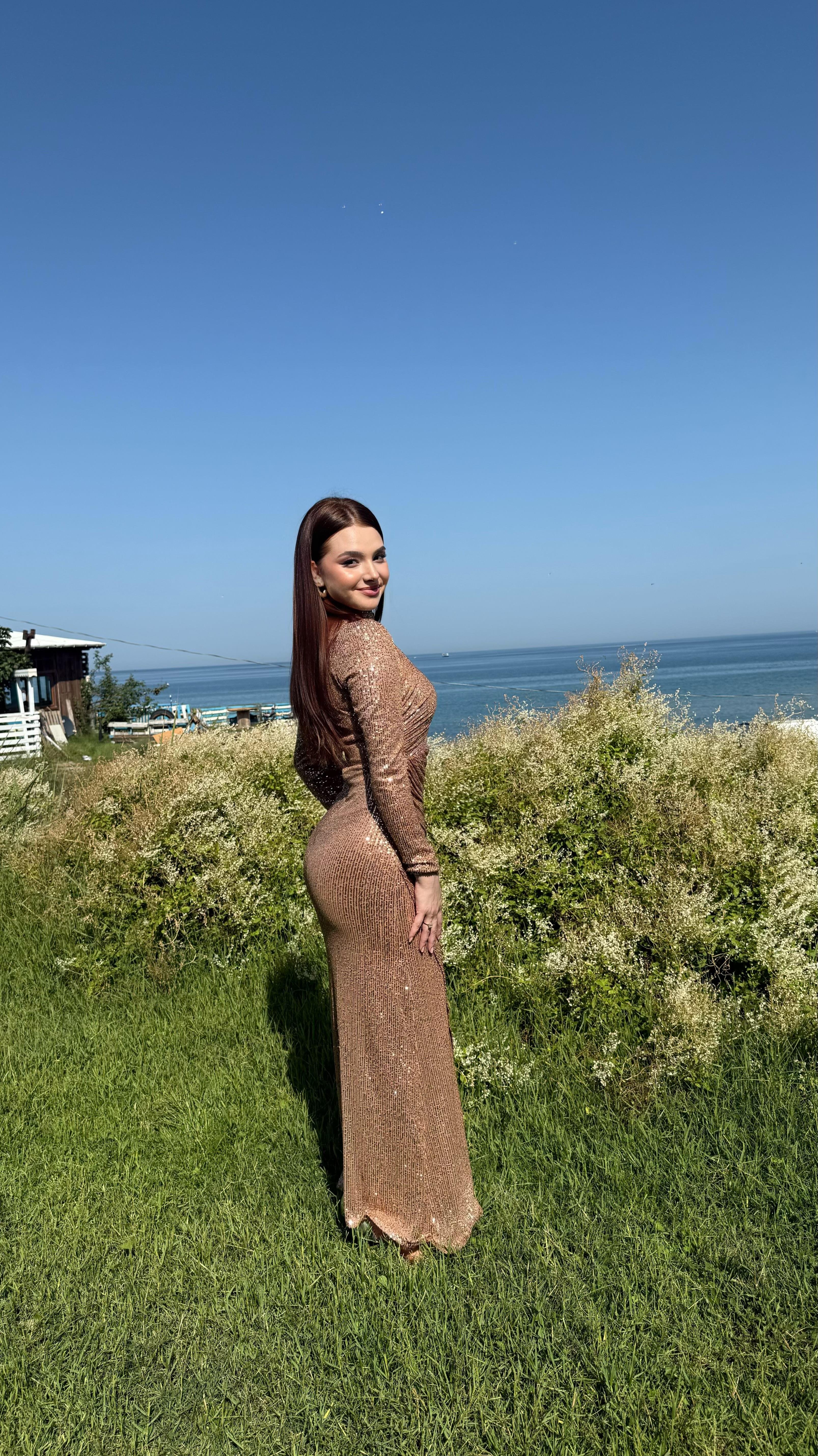 Disa Pul Payetli Abiye Rose Gold