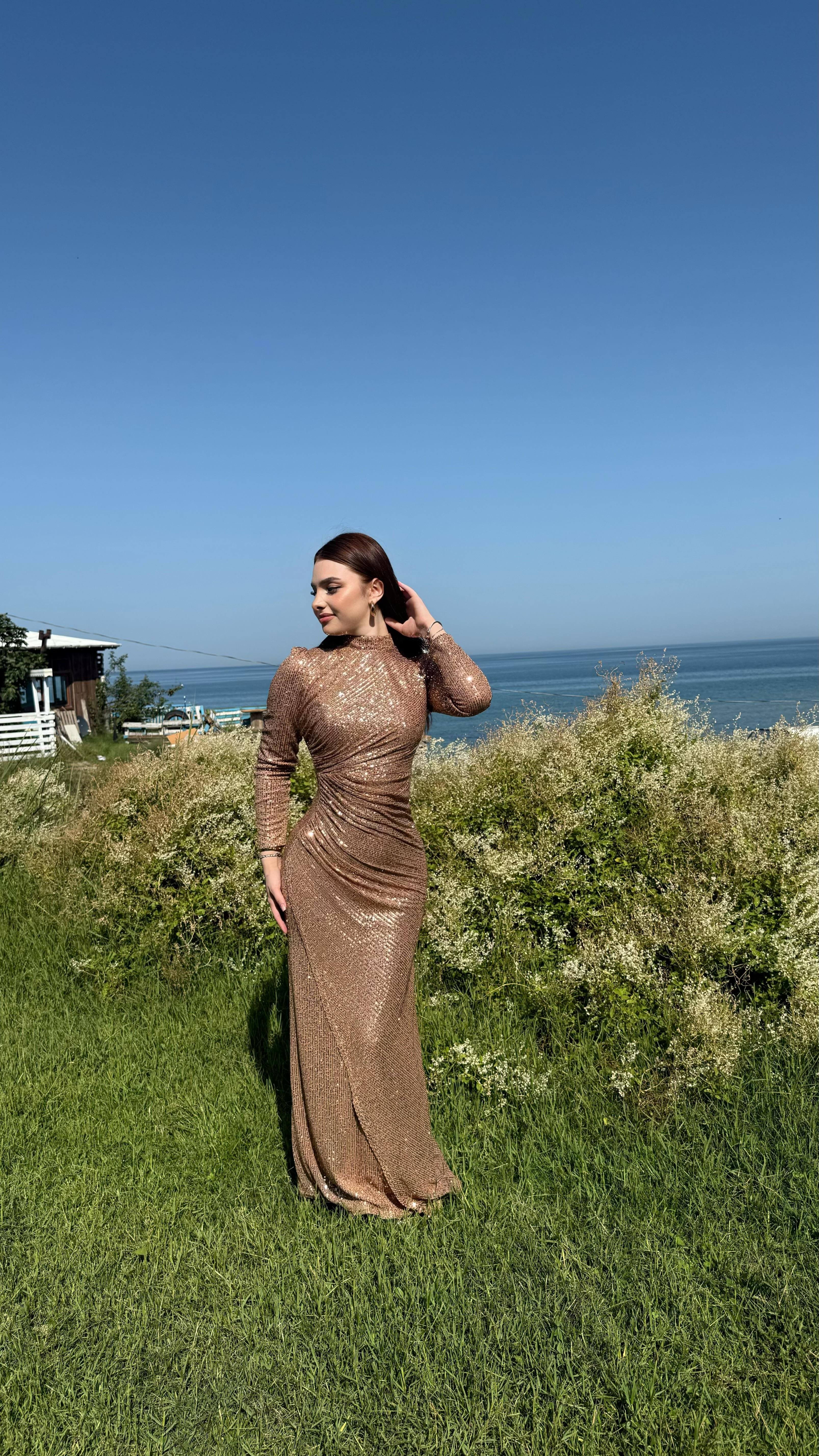 Disa Pul Payetli Abiye Rose Gold