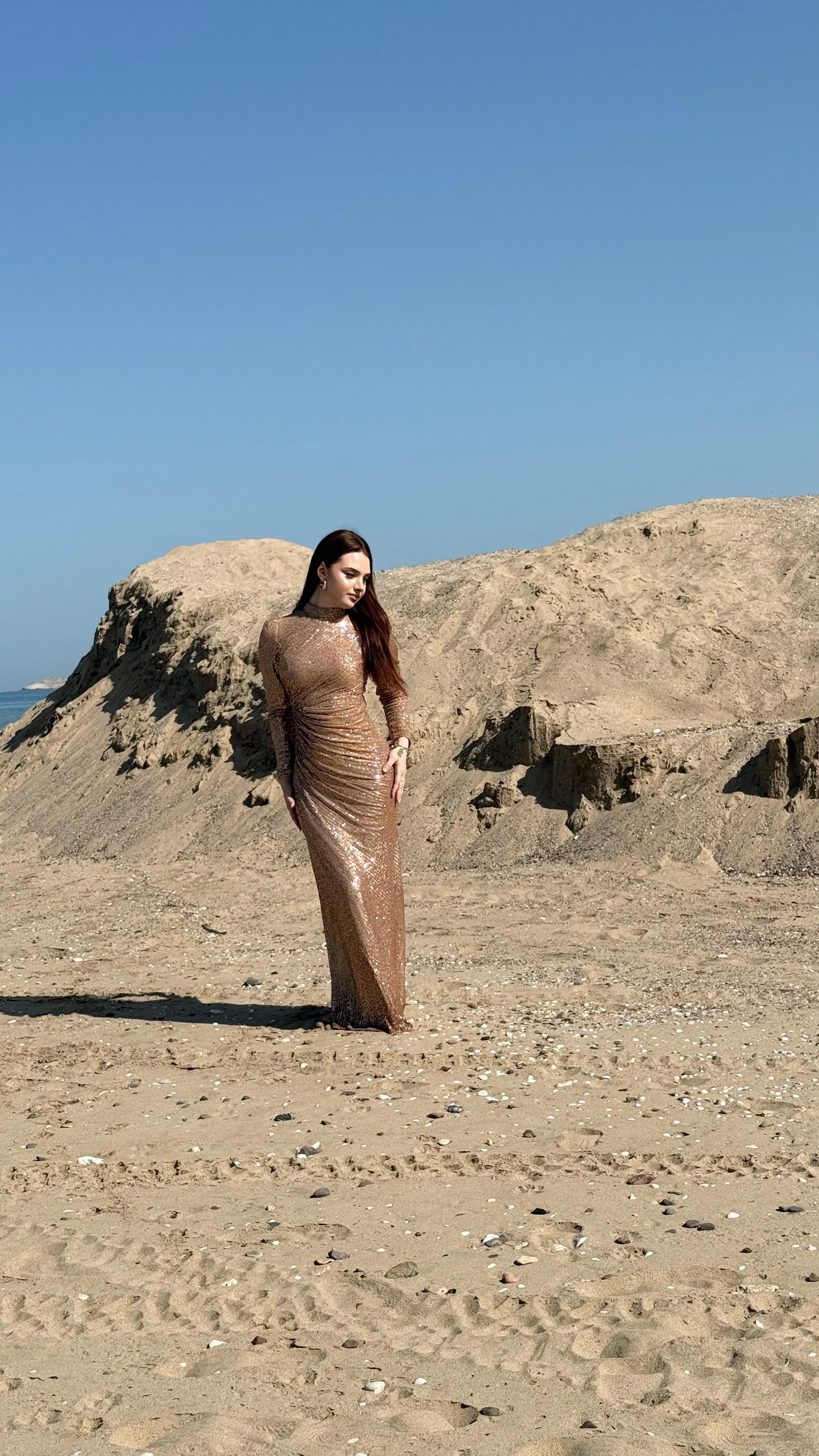 Disa Pul Payetli Abiye Rose Gold