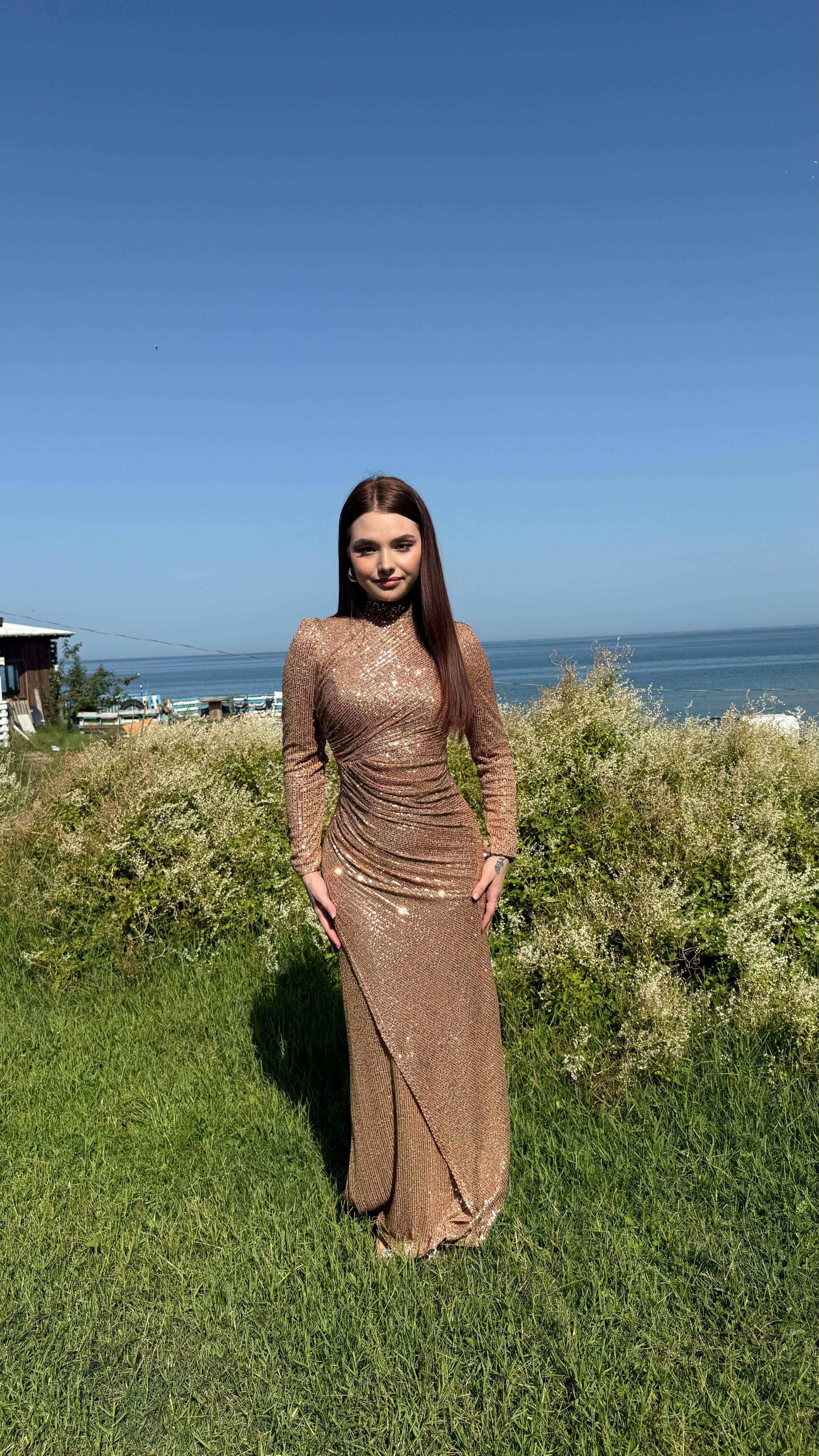 Disa Pul Payetli Abiye Rose Gold