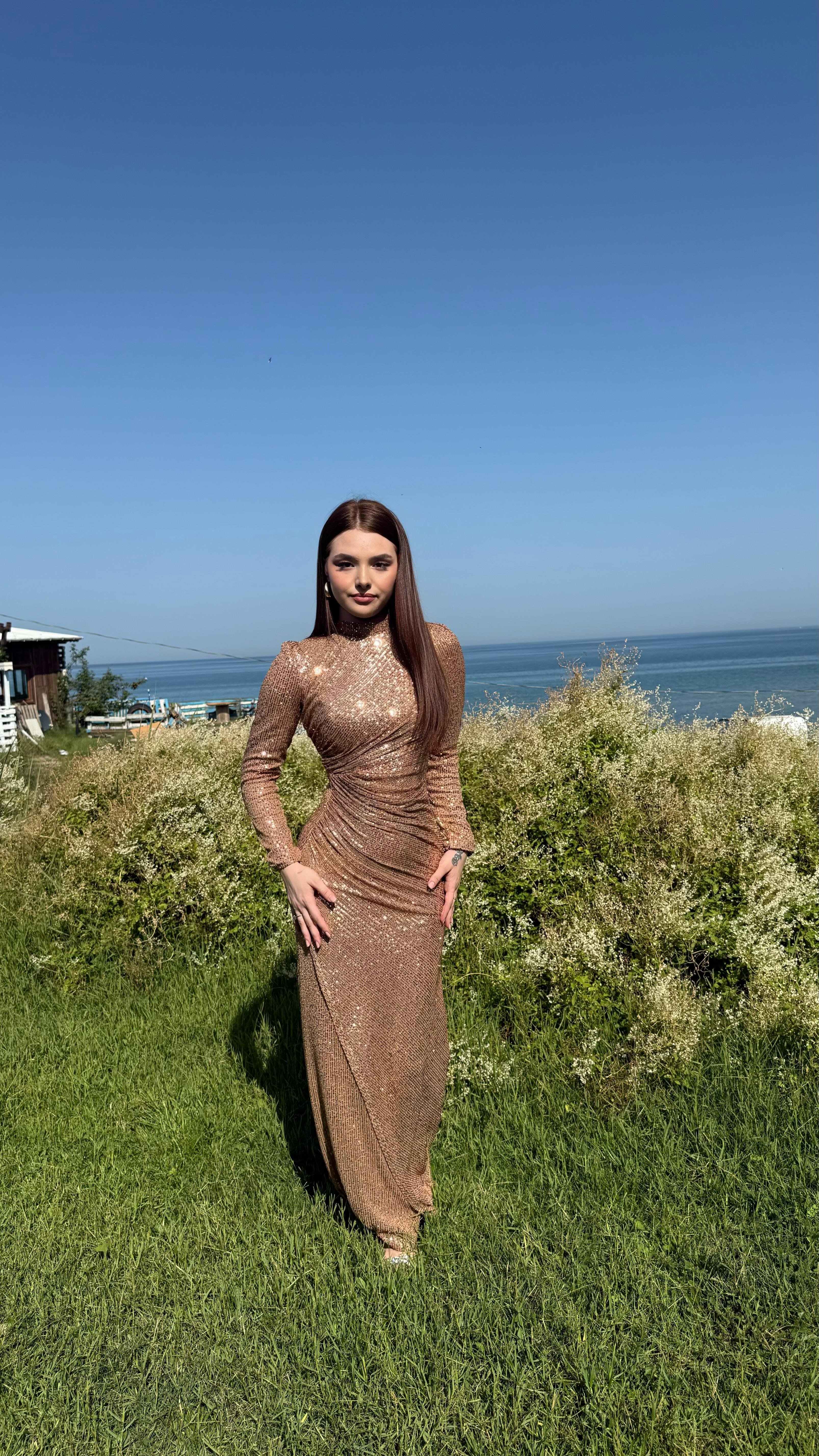 Disa Pul Payetli Abiye Rose Gold