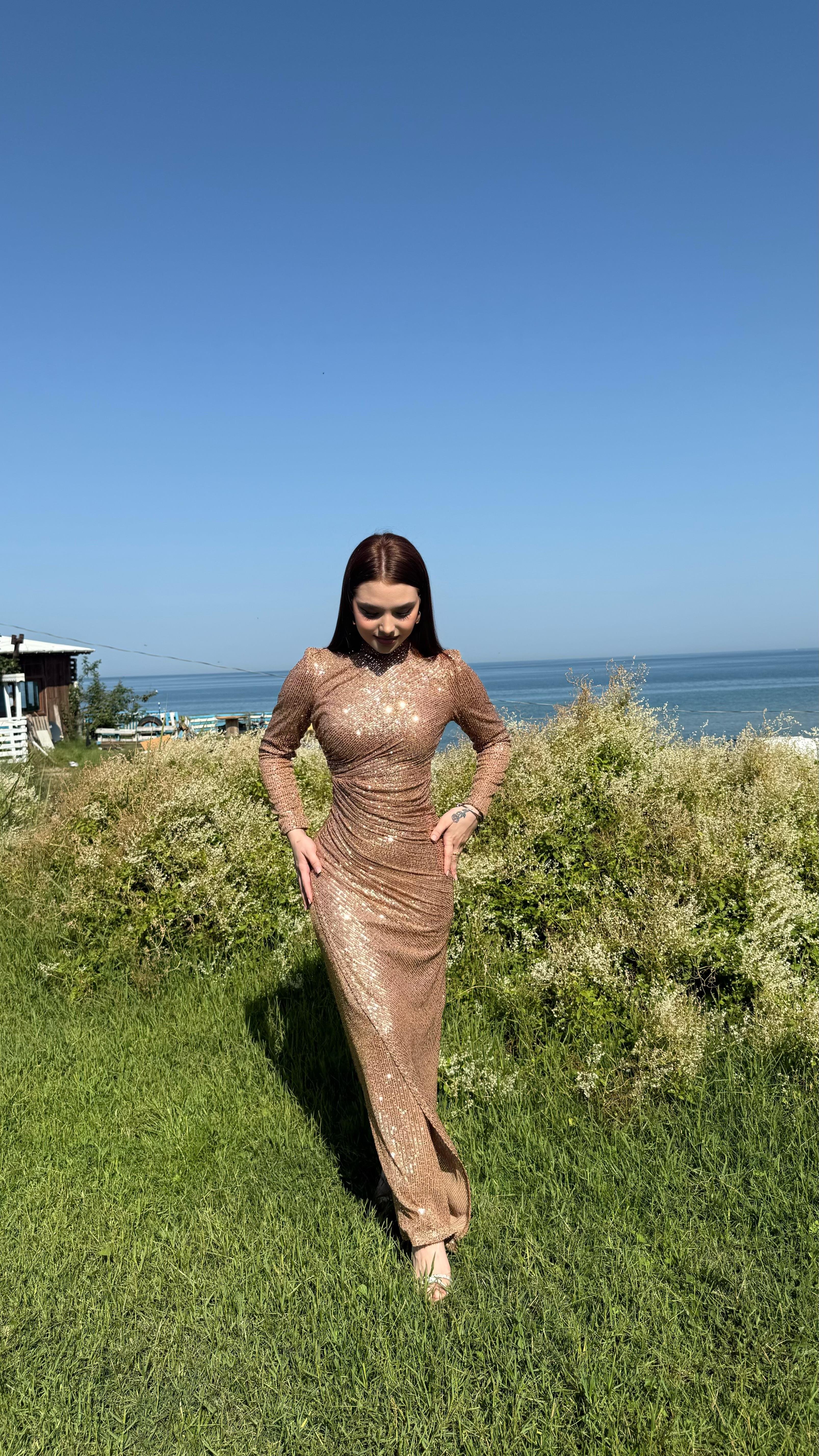 Disa Pul Payetli Abiye Rose Gold