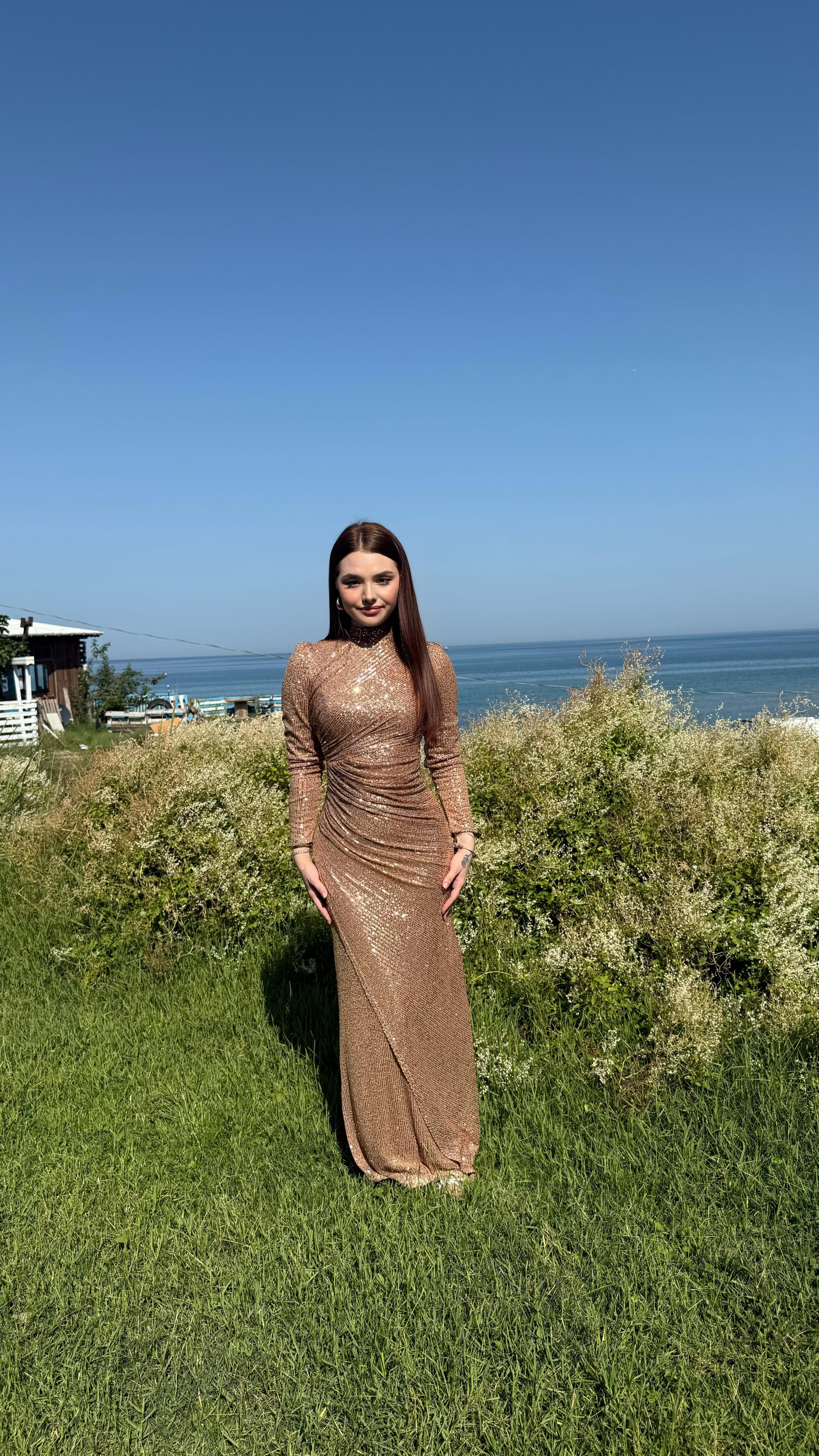 Disa Pul Payetli Abiye Rose Gold