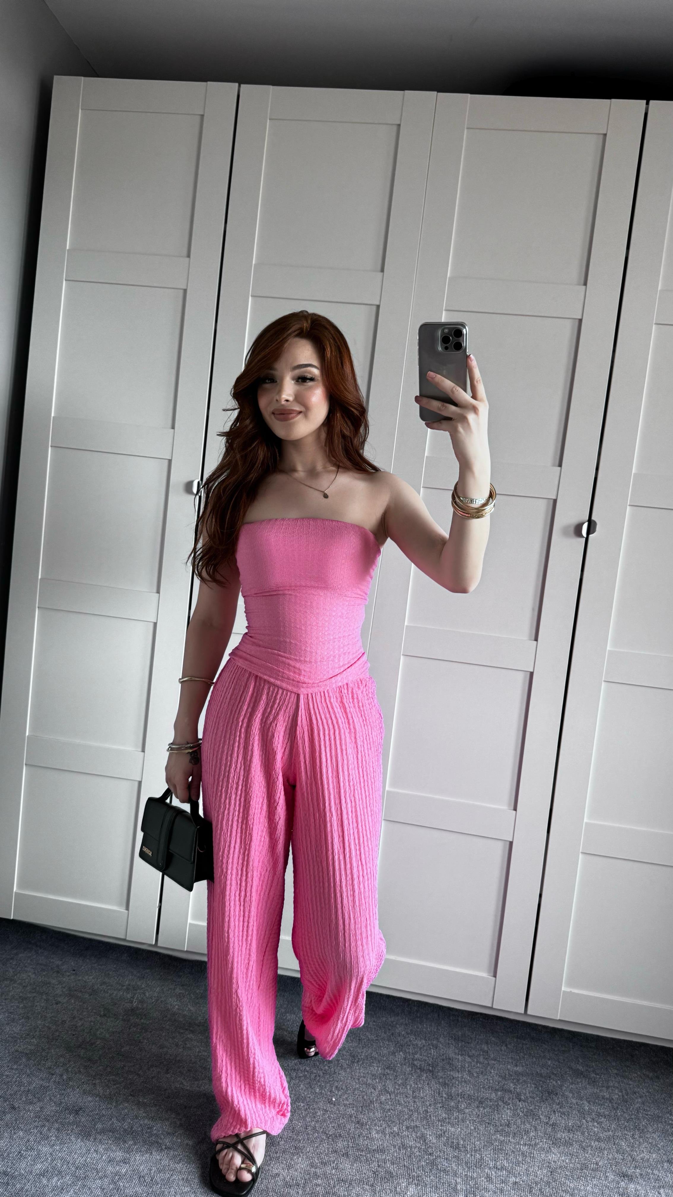 Dokulu Bürümcük Pembe Bluz