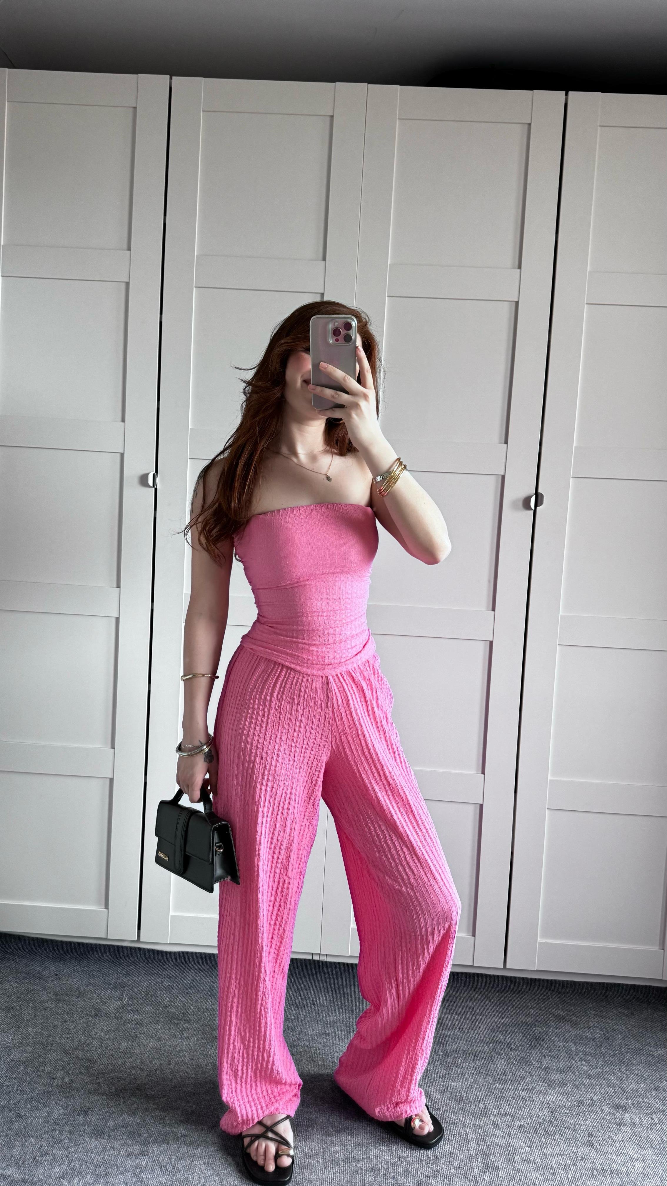 Dokulu Bürümcük Pembe Bluz