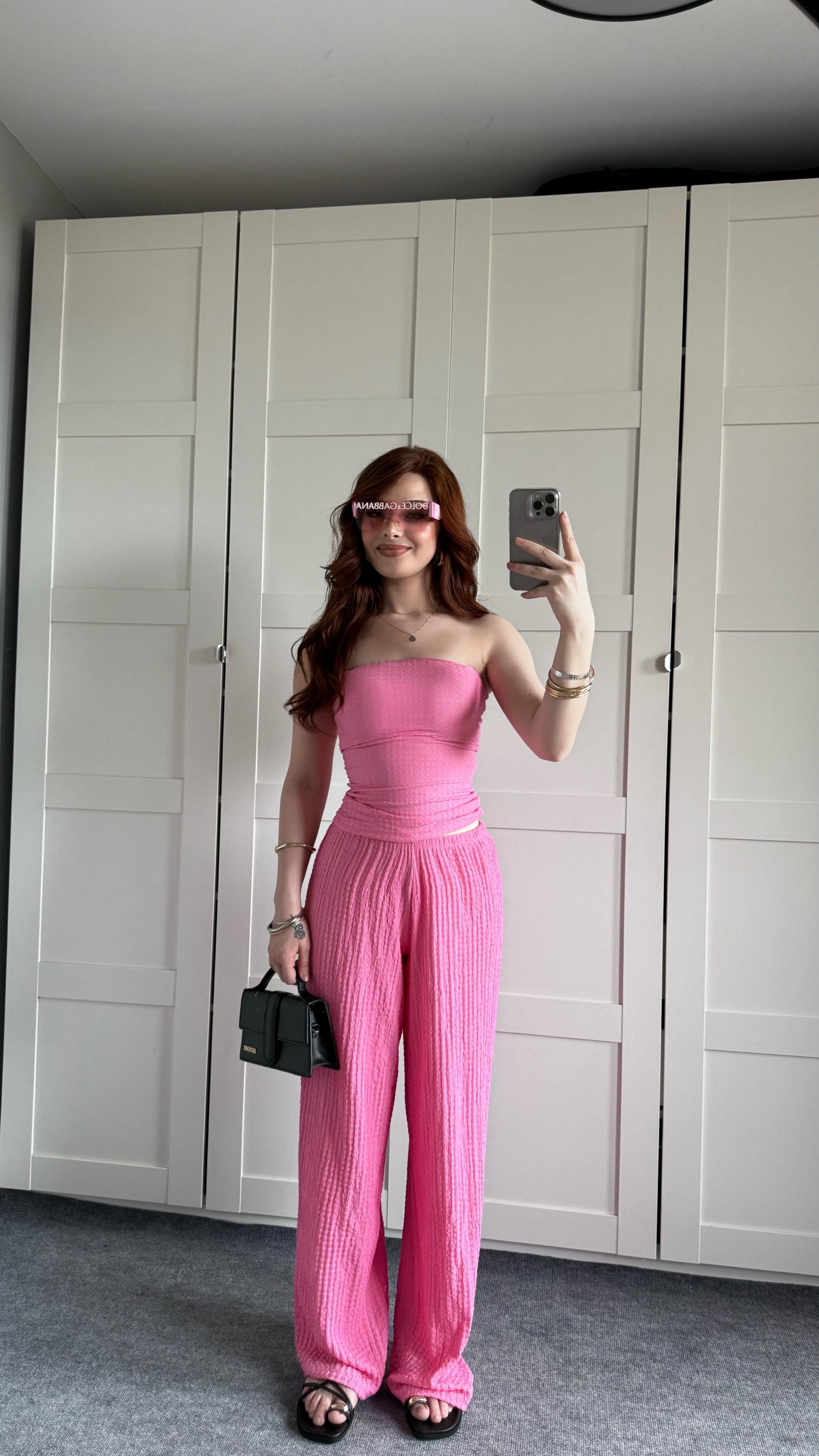 Dokulu Bürümcük Pembe Pantolon