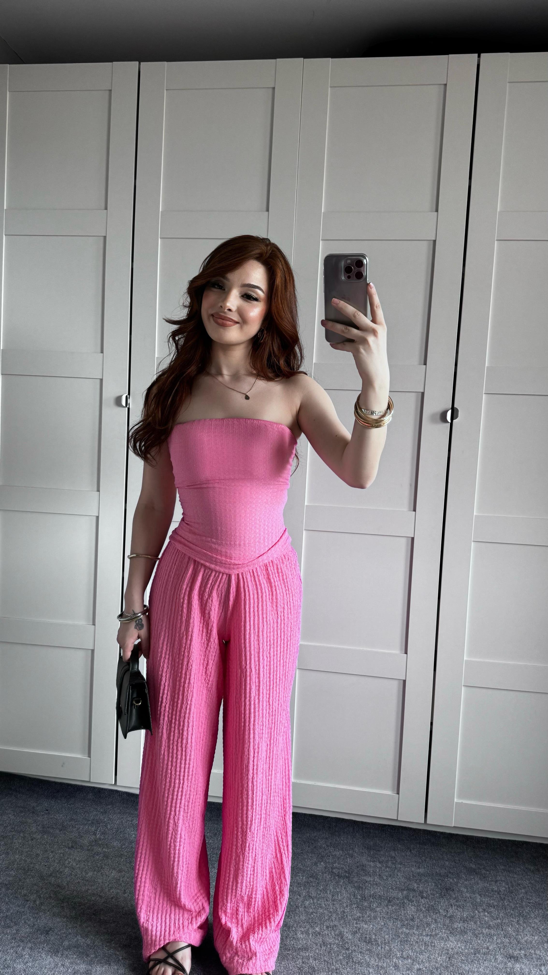 Dokulu Bürümcük Pembe Pantolon
