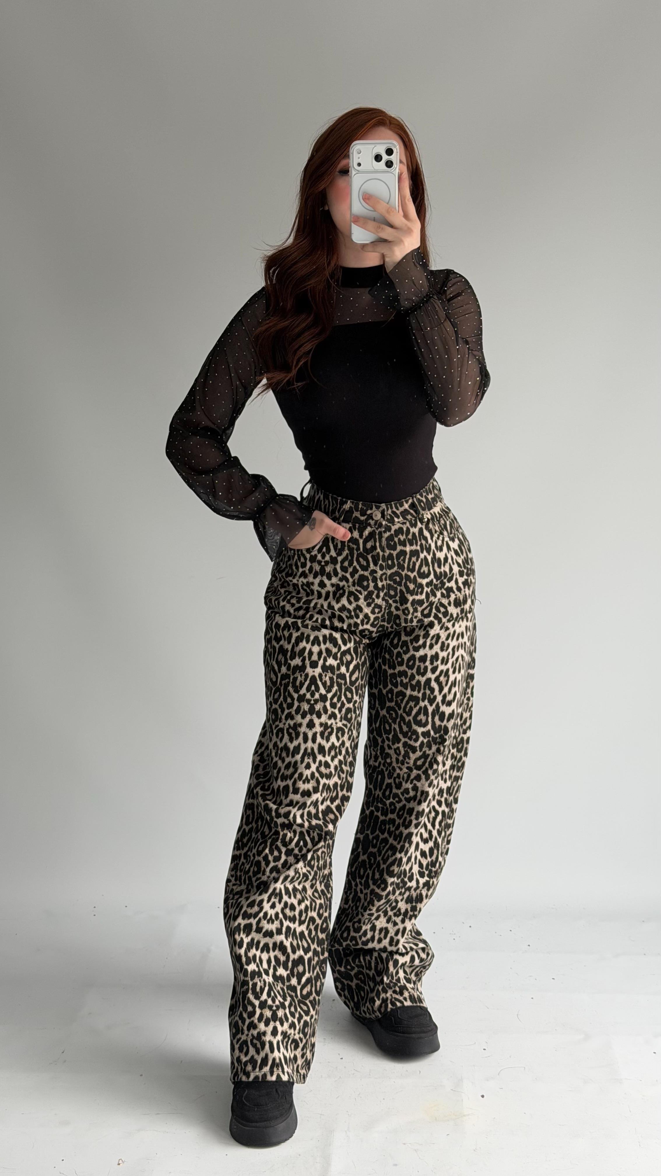 Dökümlü Leopar Palazzo Pantolon 