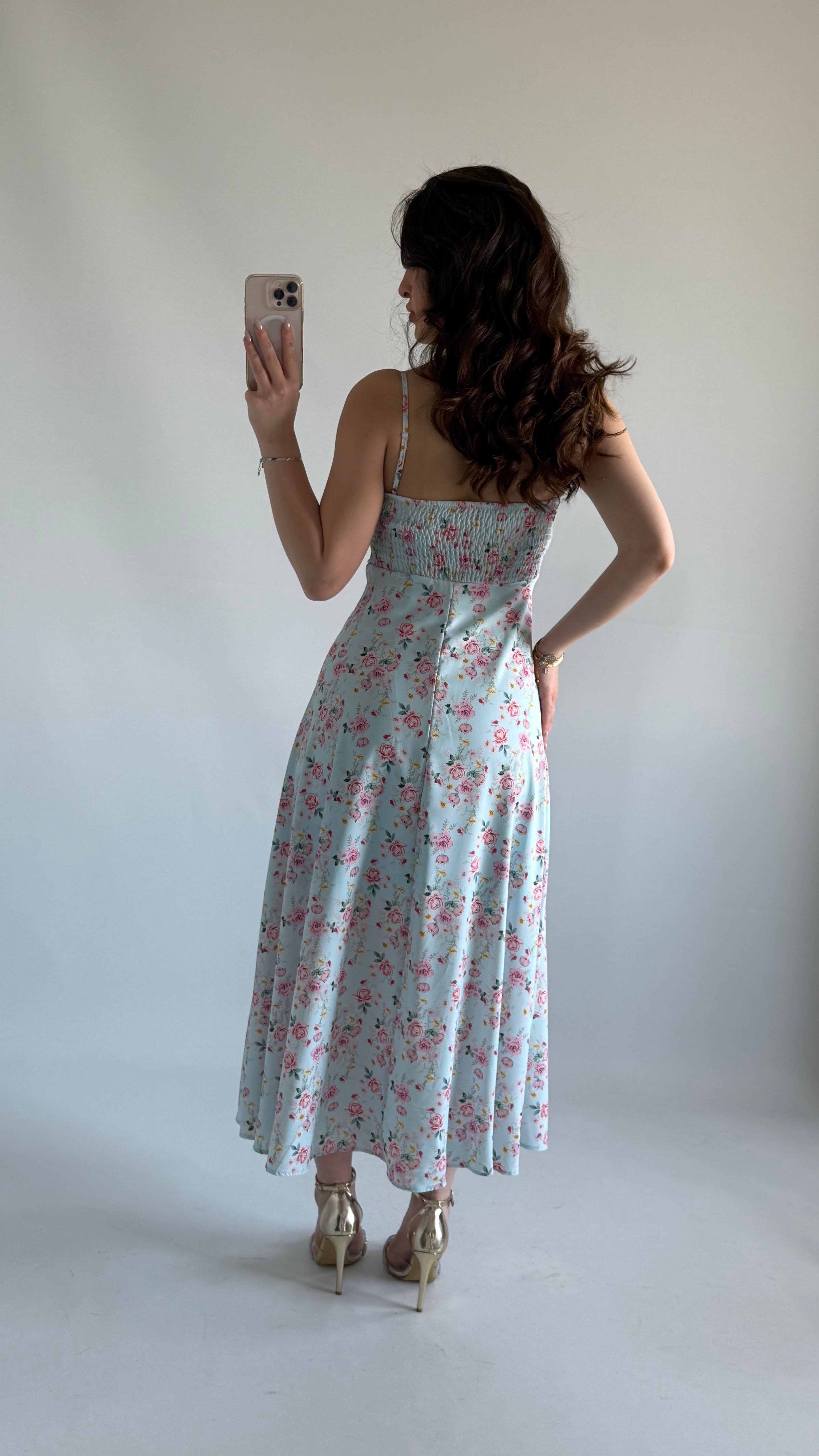 Dolce Çiçekli Sarı Mavi Elbise