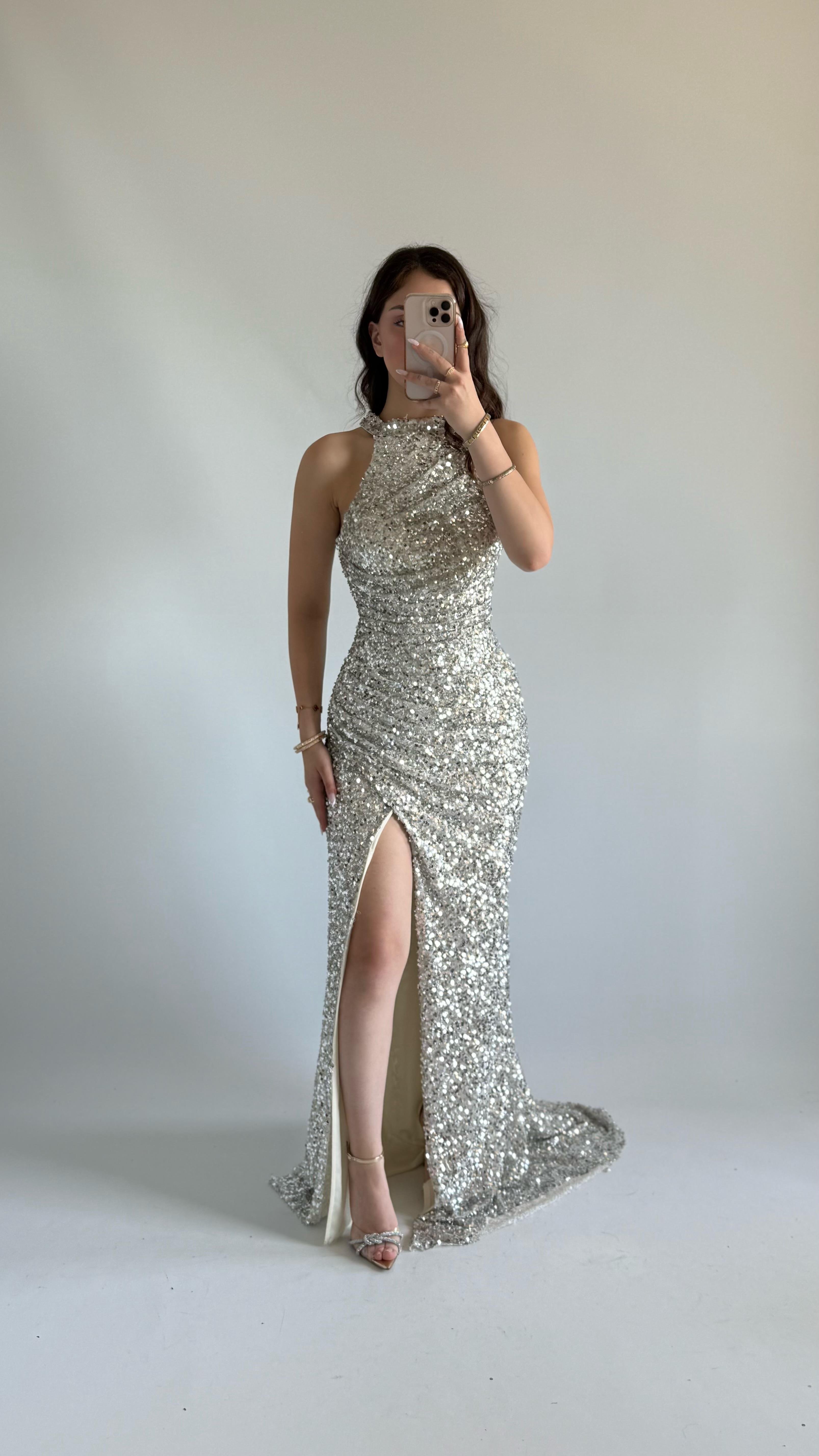 Donatella Yırtmaçlı Abiye Gümüş