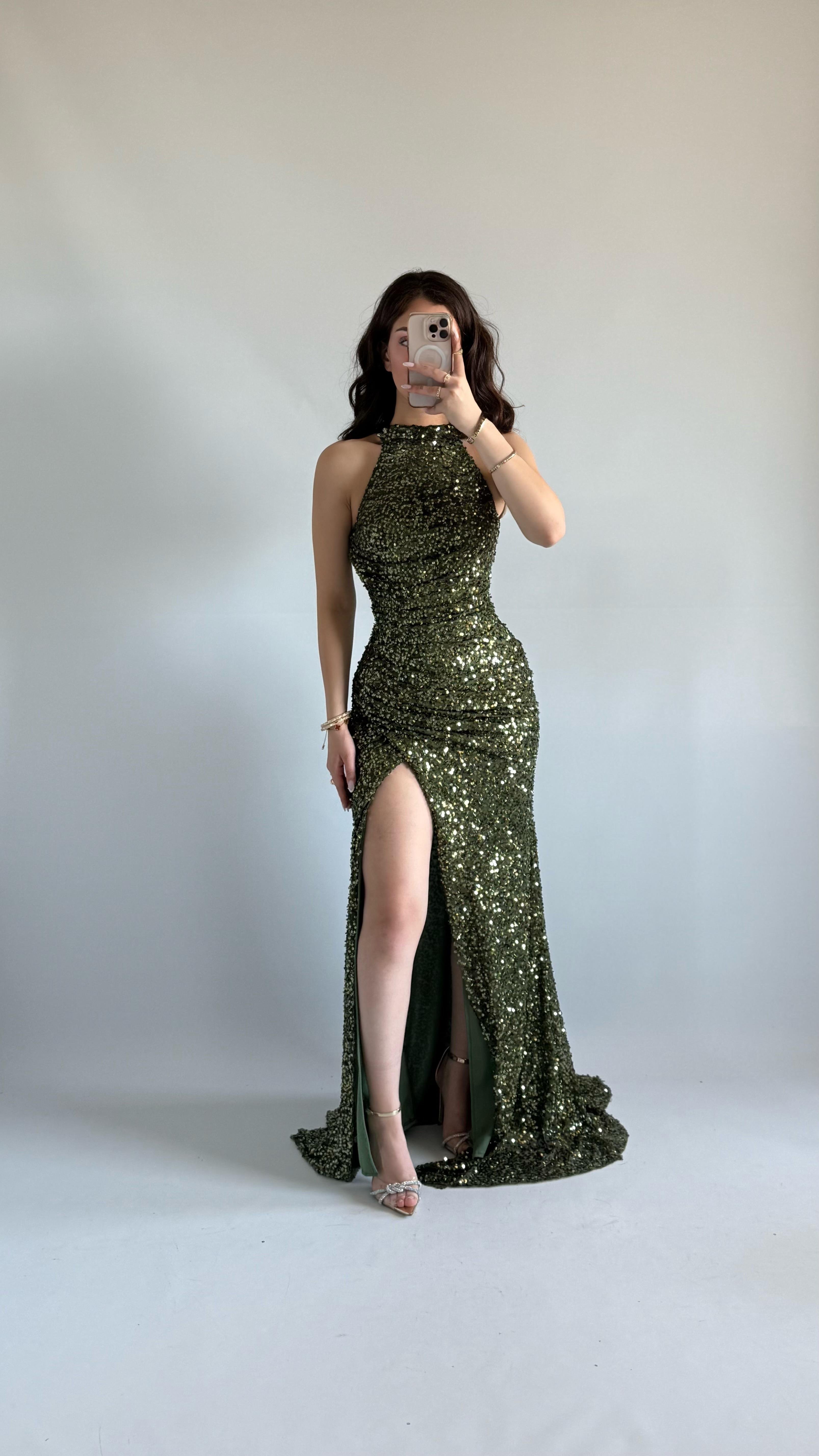 Donatella Yırtmaçlı Abiye Haki Yeşil