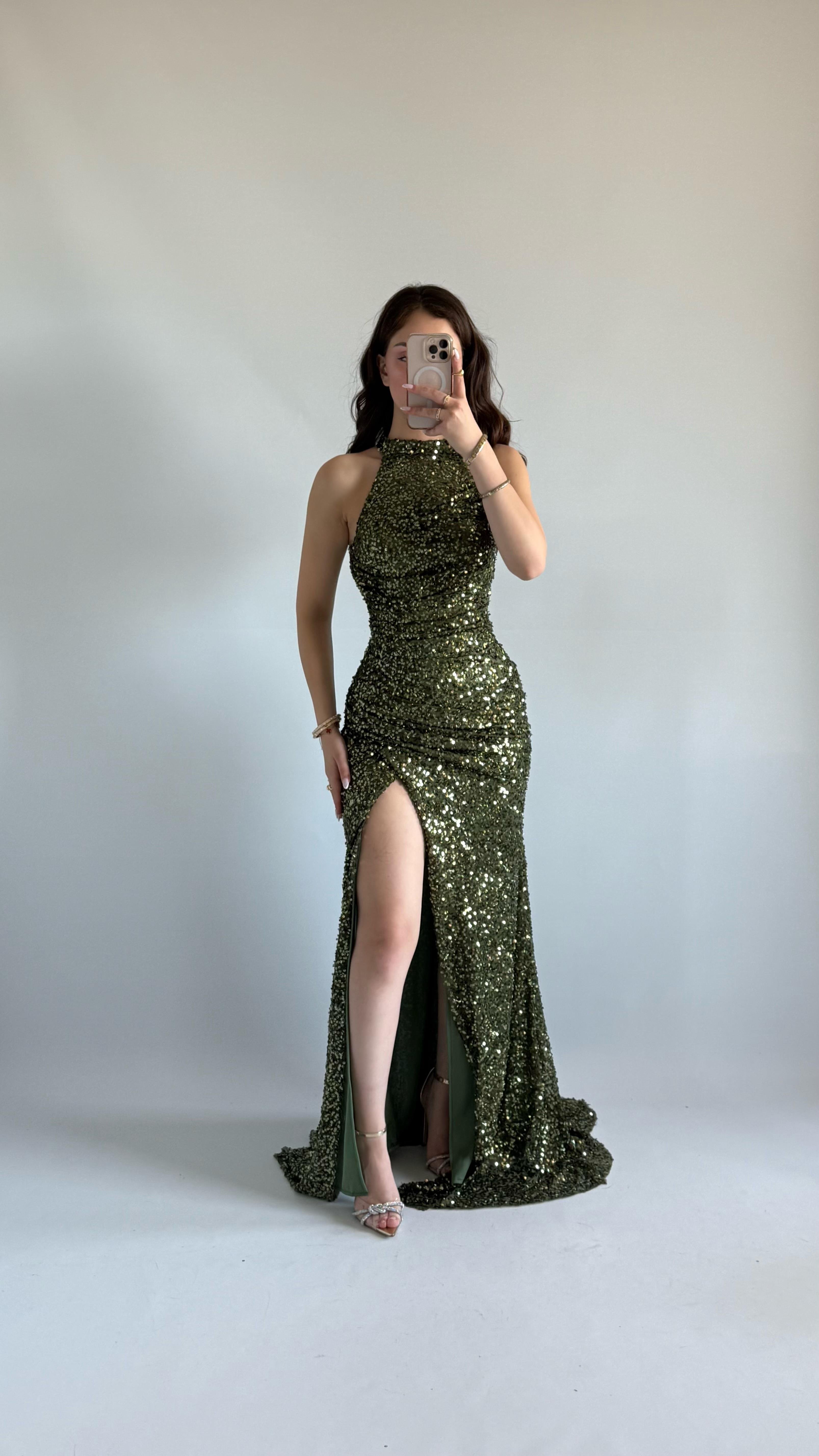Donatella Yırtmaçlı Abiye Haki Yeşil