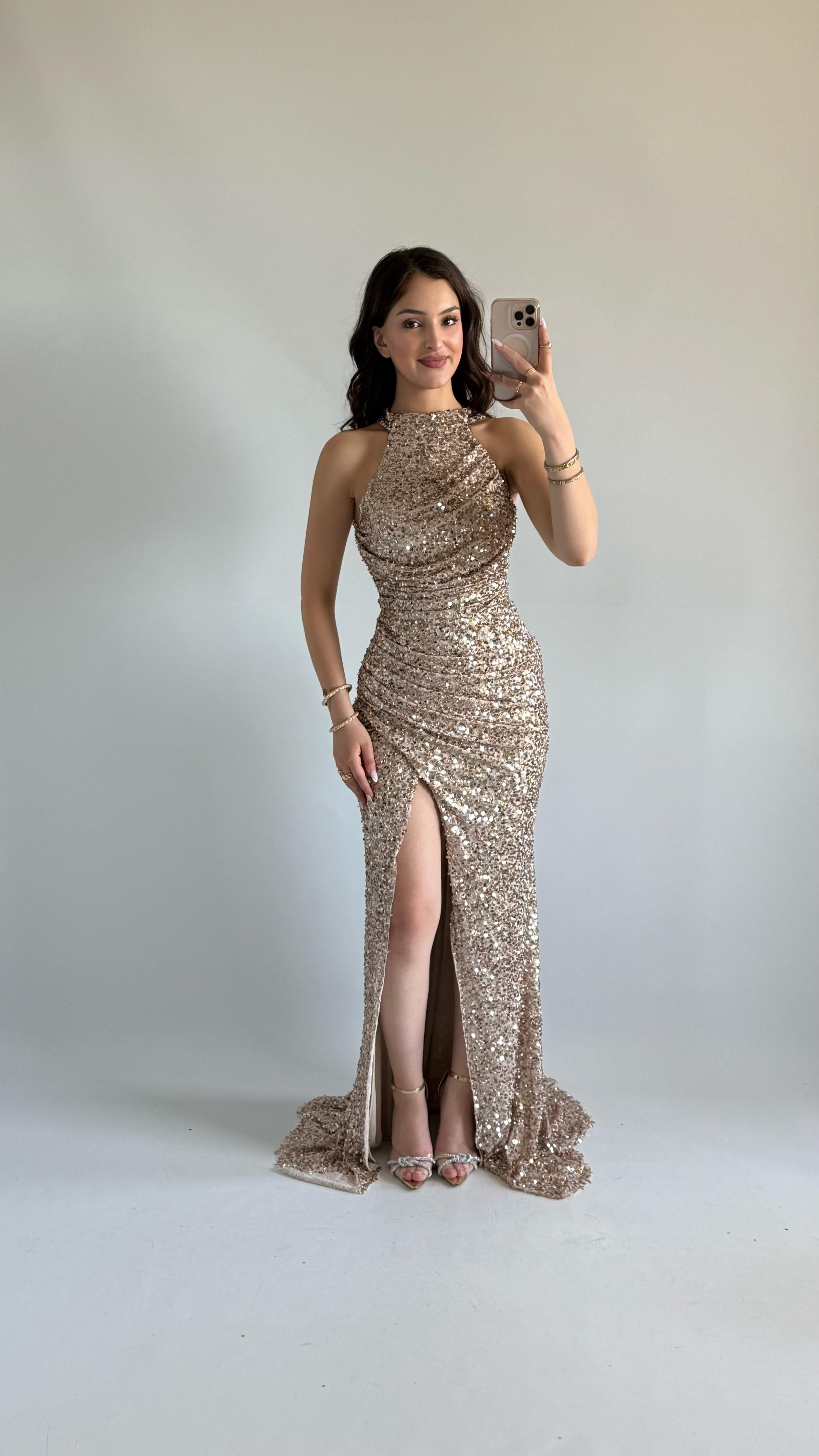 Donatella Yırtmaçlı Abiye Rose Gold
