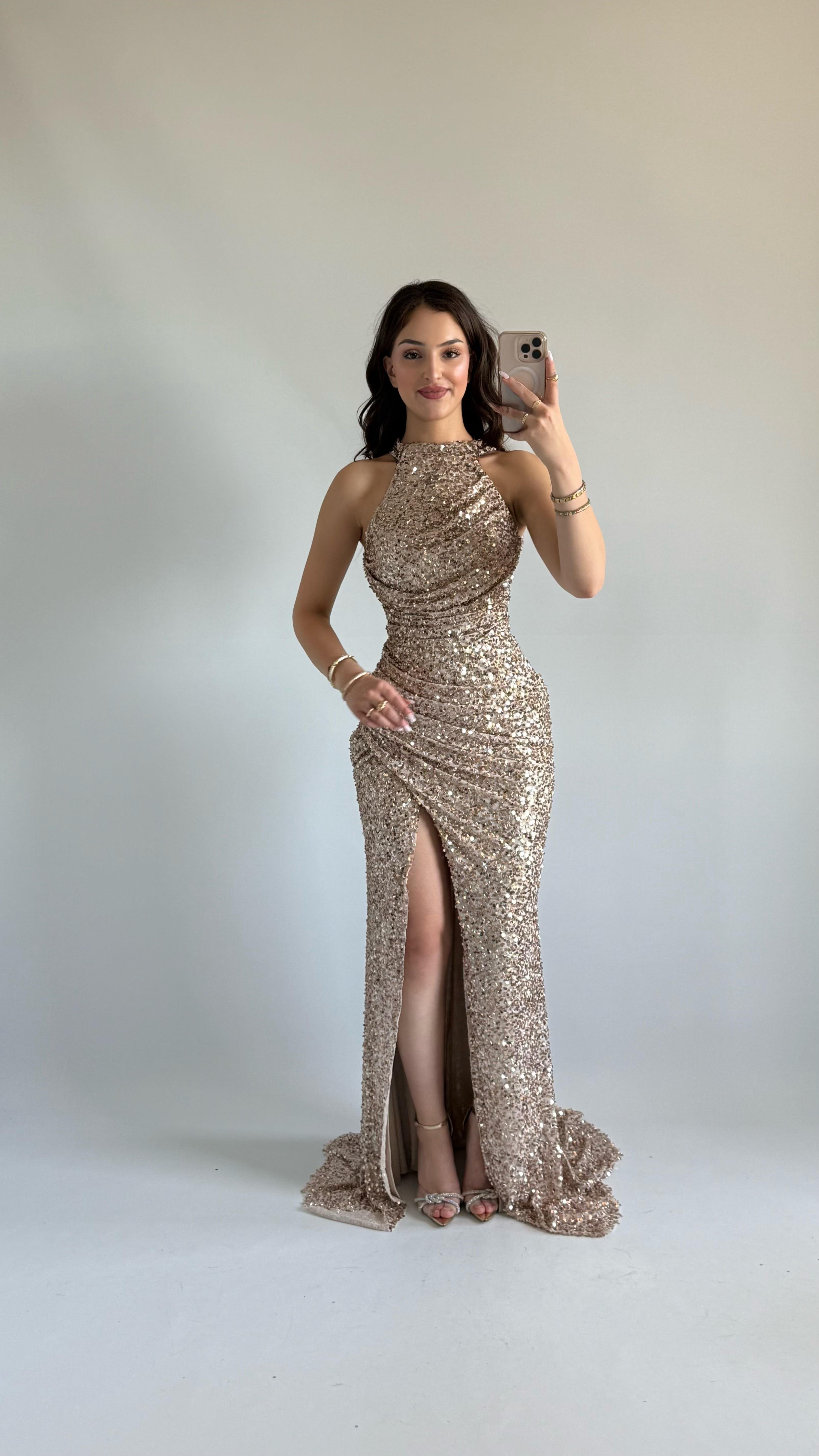 Donatella Yırtmaçlı Abiye Rose Gold
