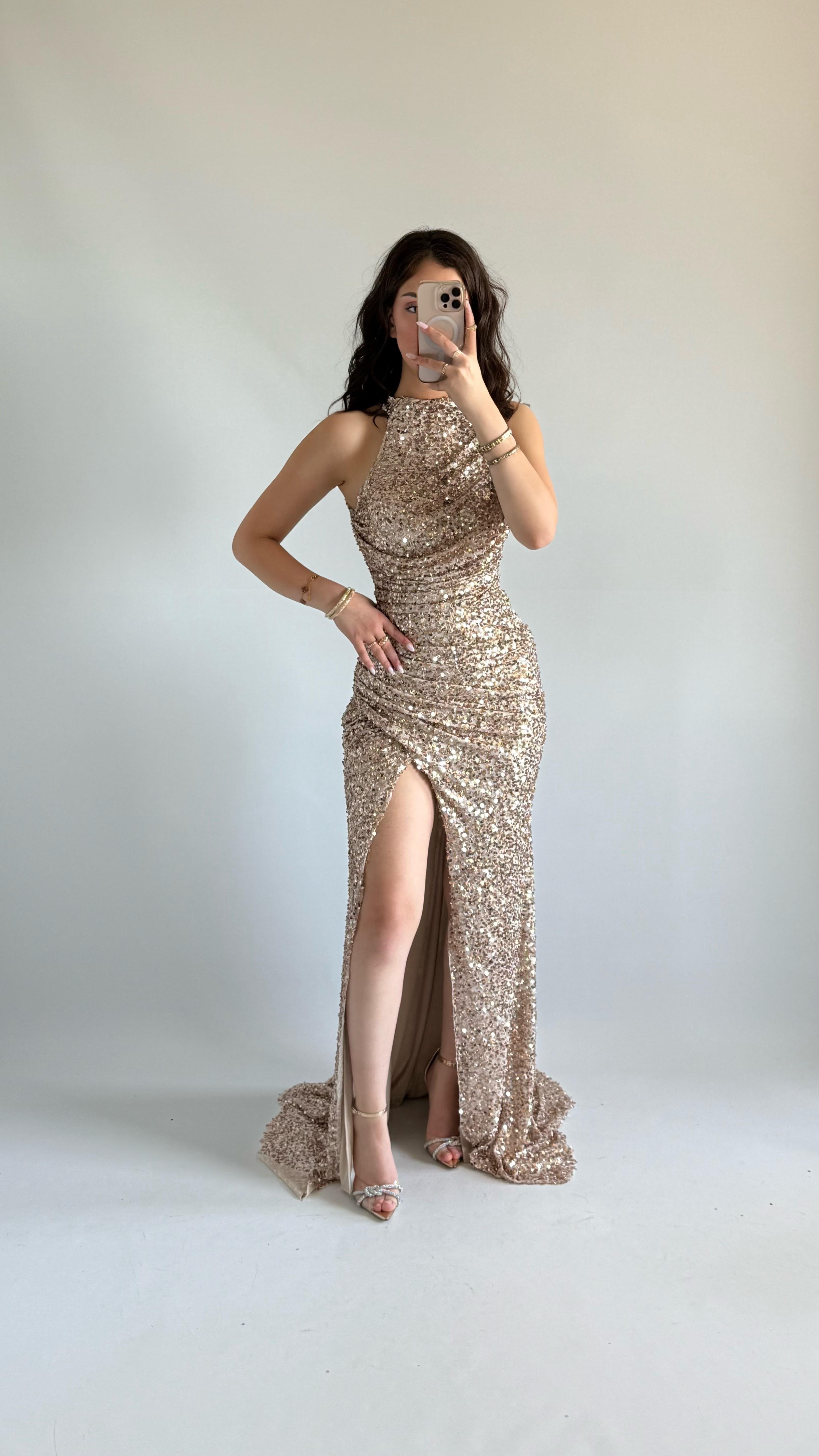 Donatella Yırtmaçlı Abiye Rose Gold