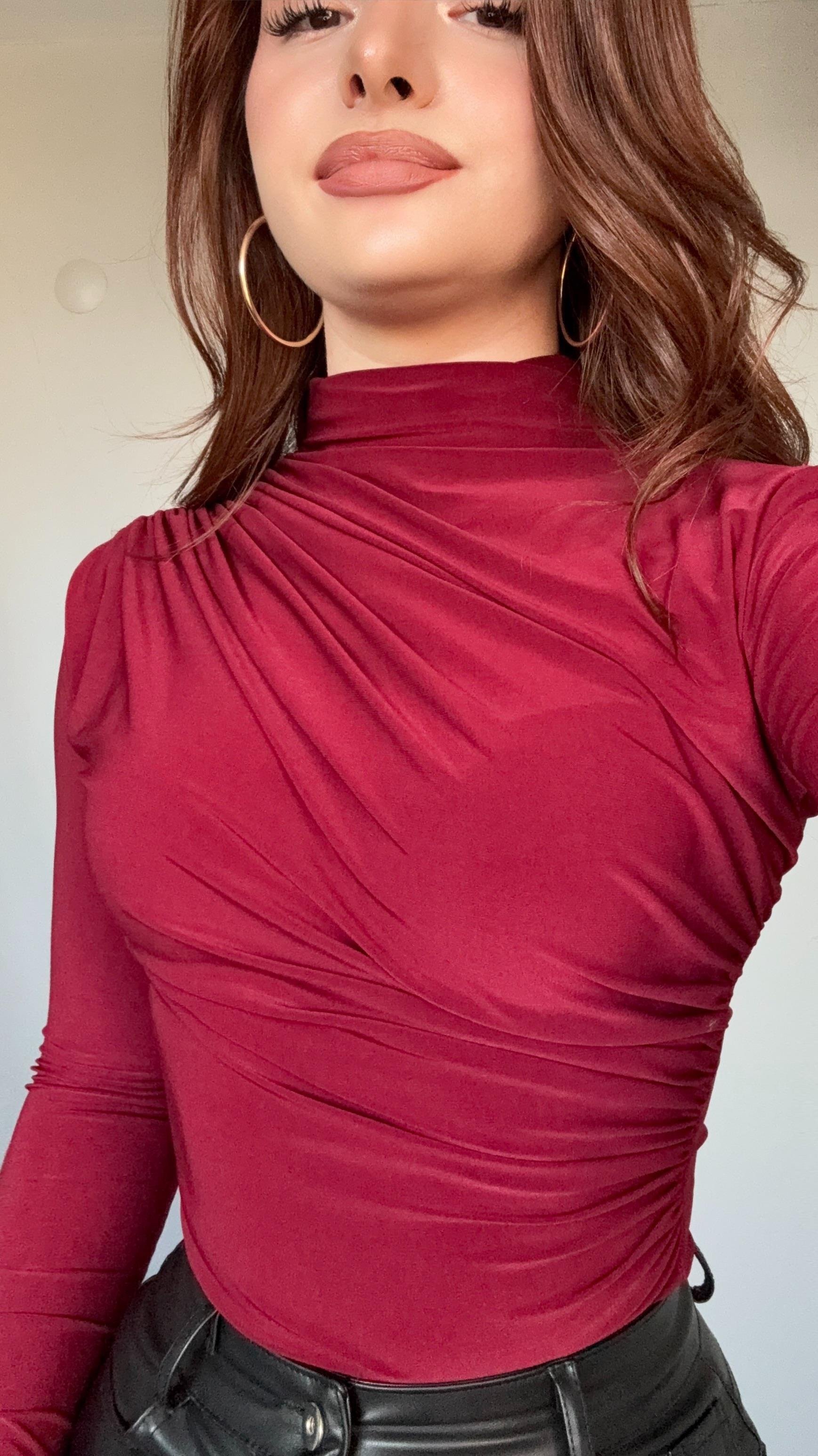 Drapeli Balıkçı Yaka Bluz Bordo