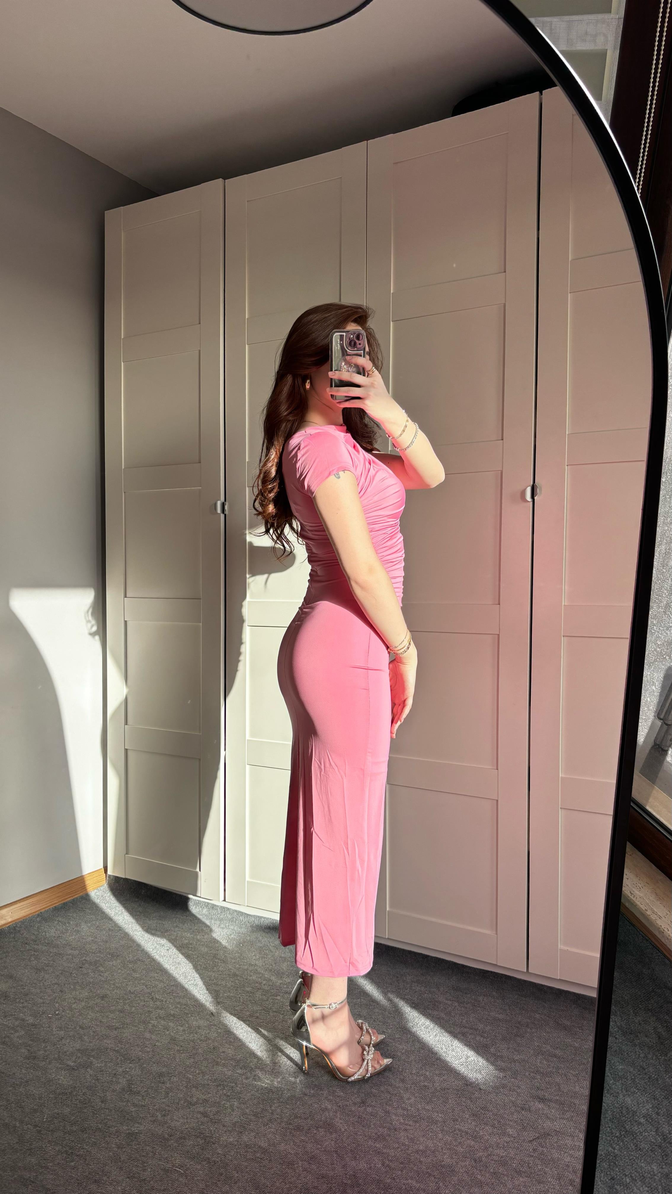 Drapeli Kısa Kol Pembe Elbise