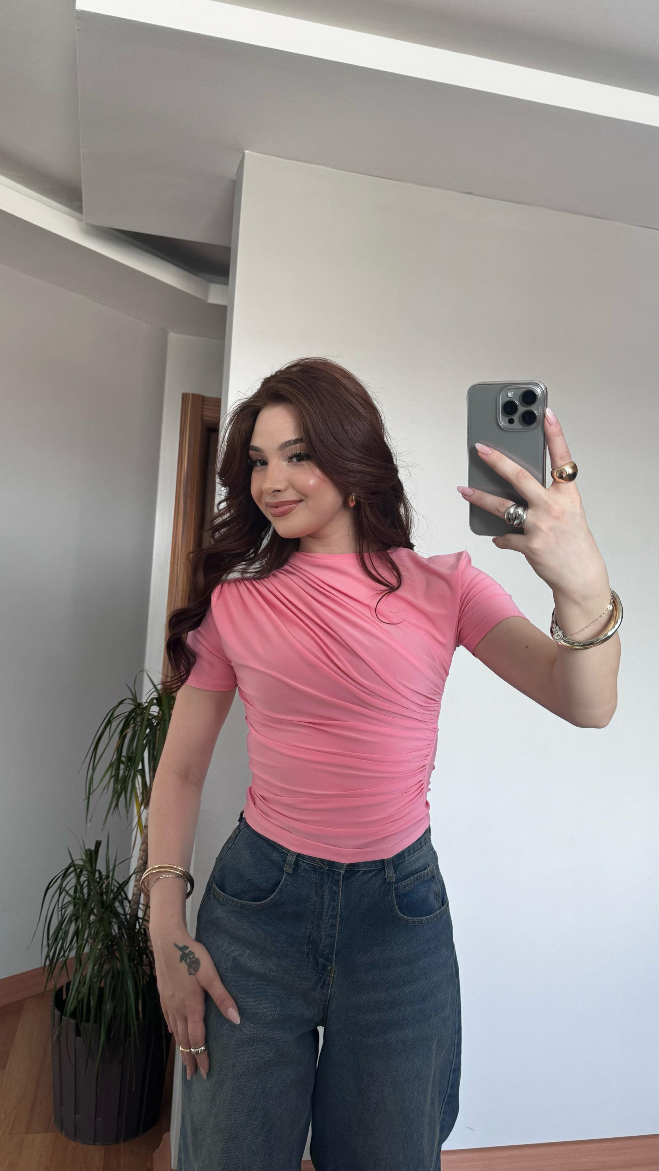 Drapeli Kısa Kol Pembe Tişört