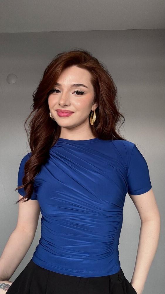 DRAPELİ LACİVERT KISA KOL