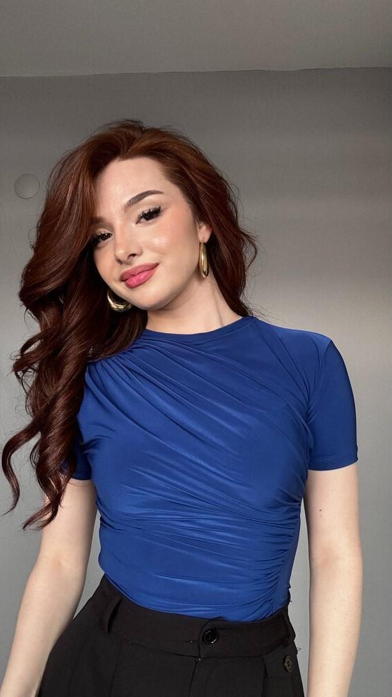 DRAPELİ LACİVERT KISA KOL