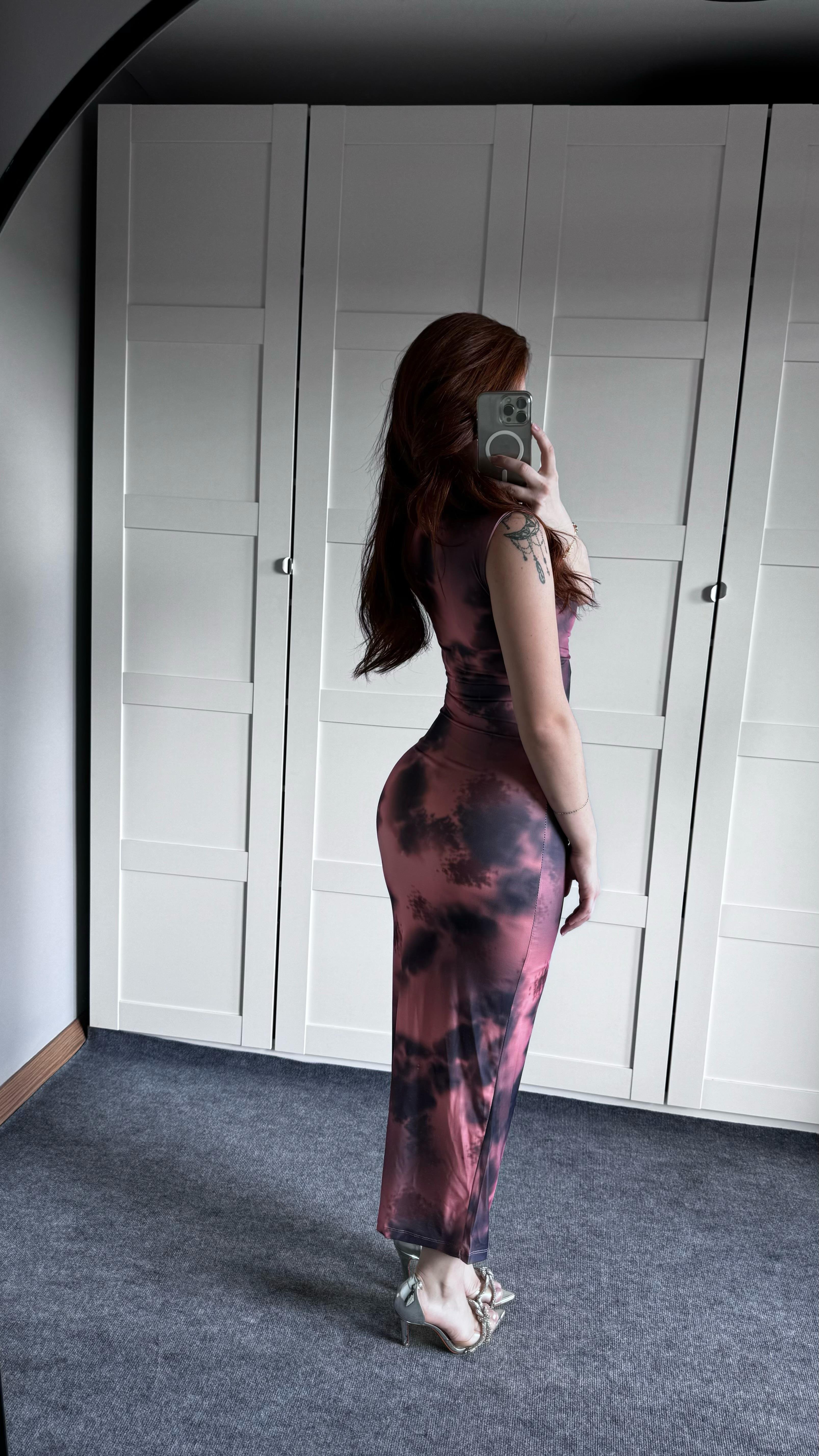 Drapeli Sıfır Kol Batik Füme Pembe Elbise
