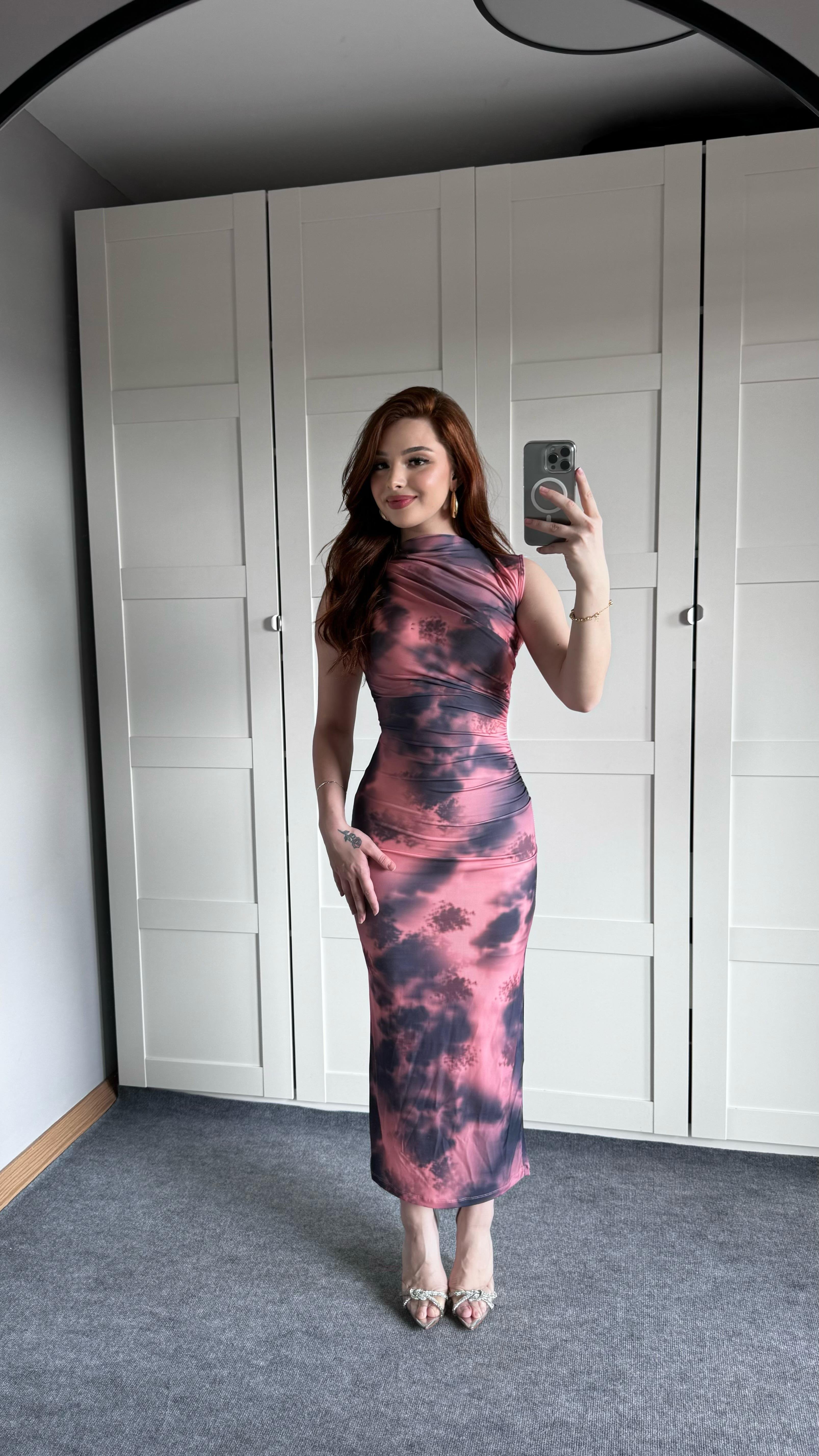 Drapeli Sıfır Kol Batik Füme Pembe Elbise