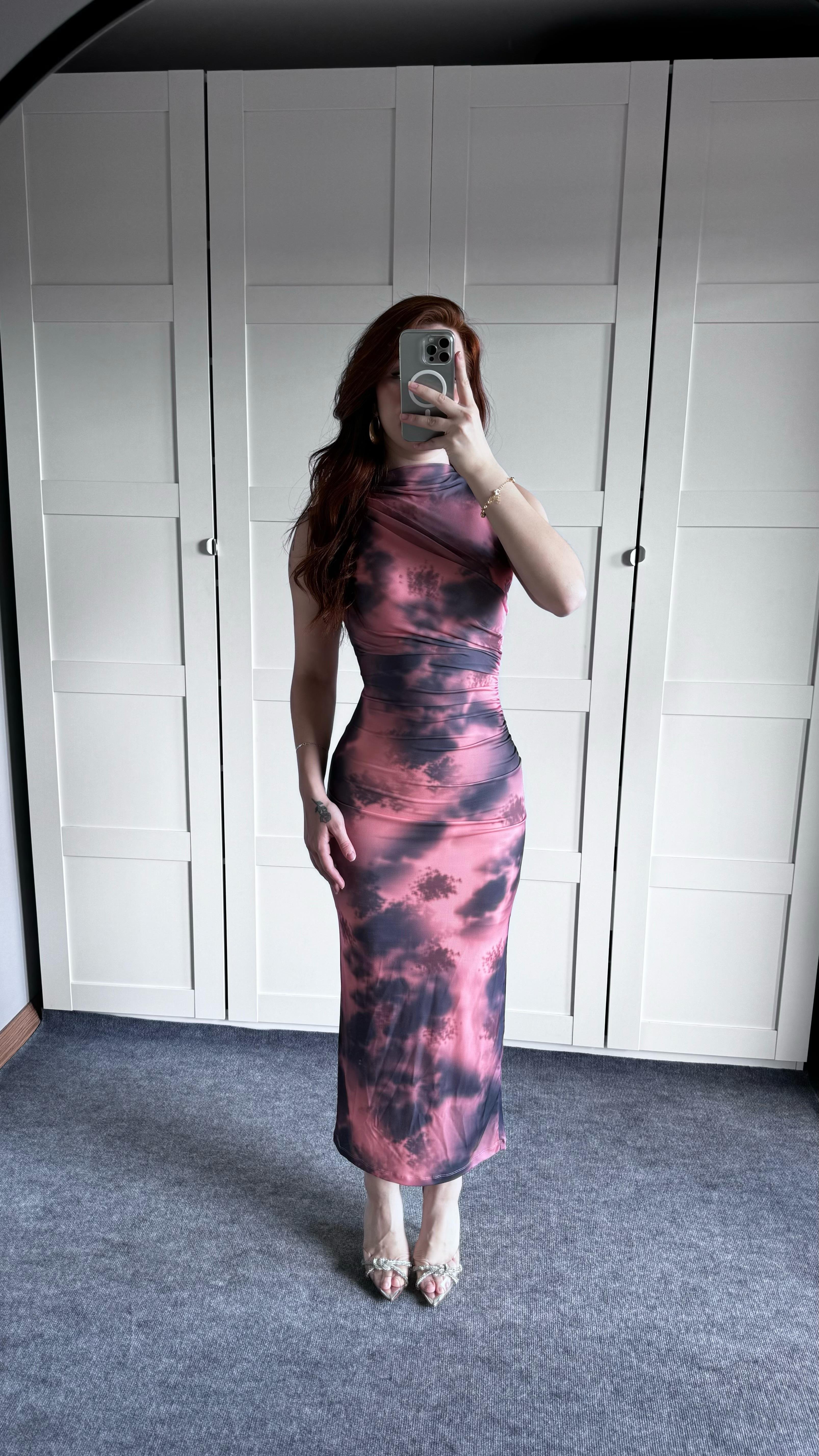 Drapeli Sıfır Kol Batik Füme Pembe Elbise