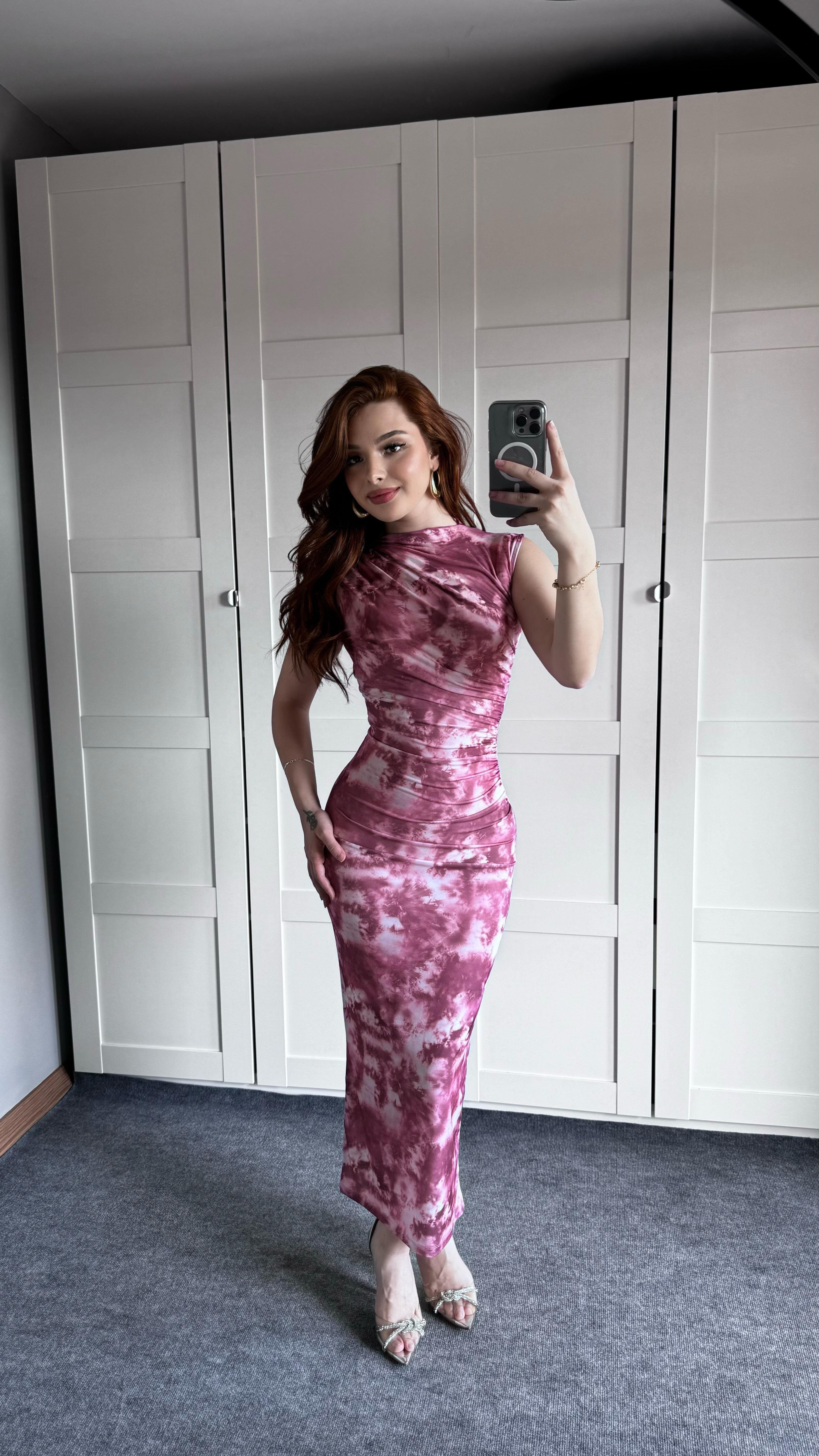 Drapeli Sıfır Kol Batik Pembe Elbise