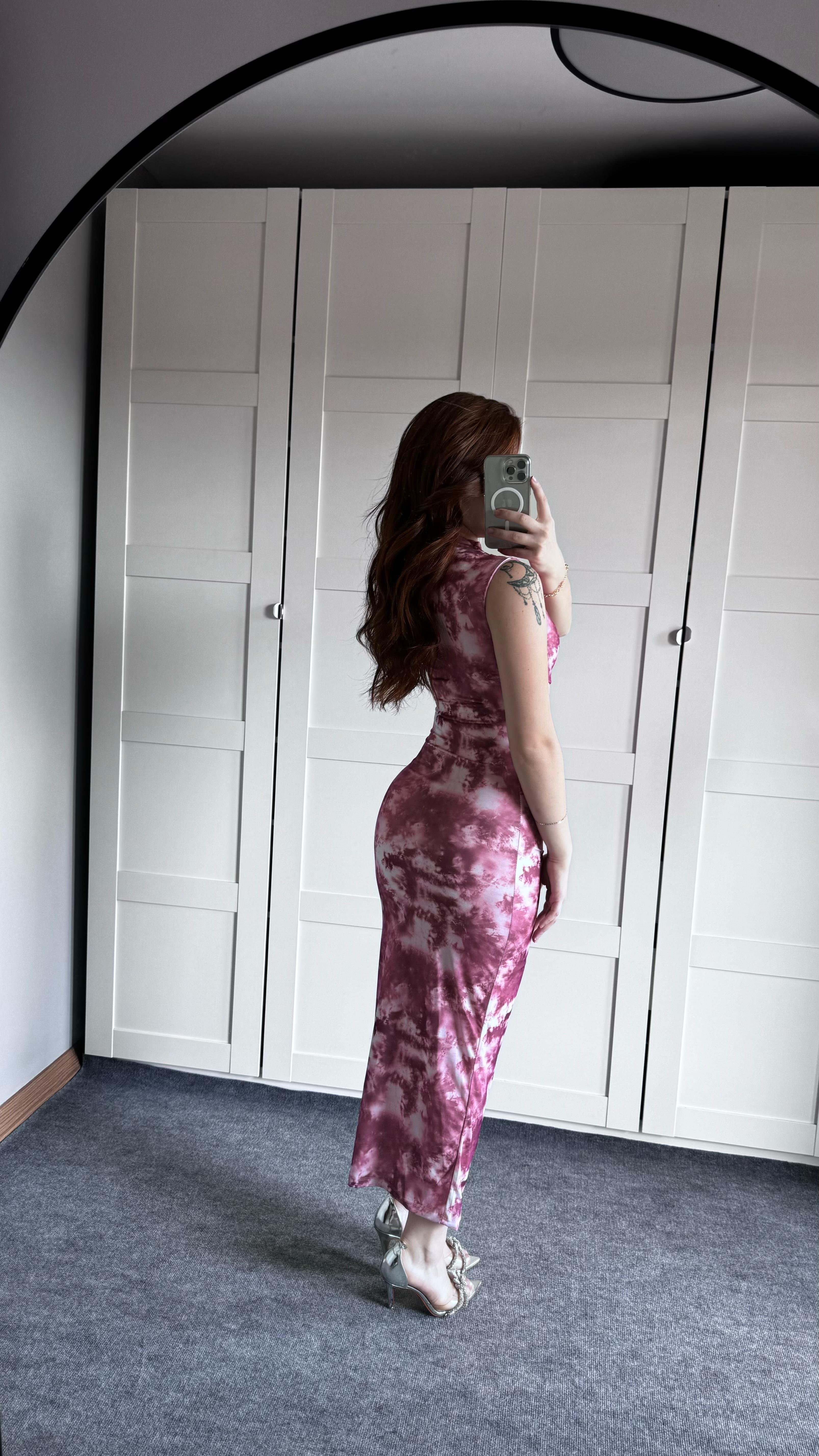 Drapeli Sıfır Kol Batik Pembe Elbise