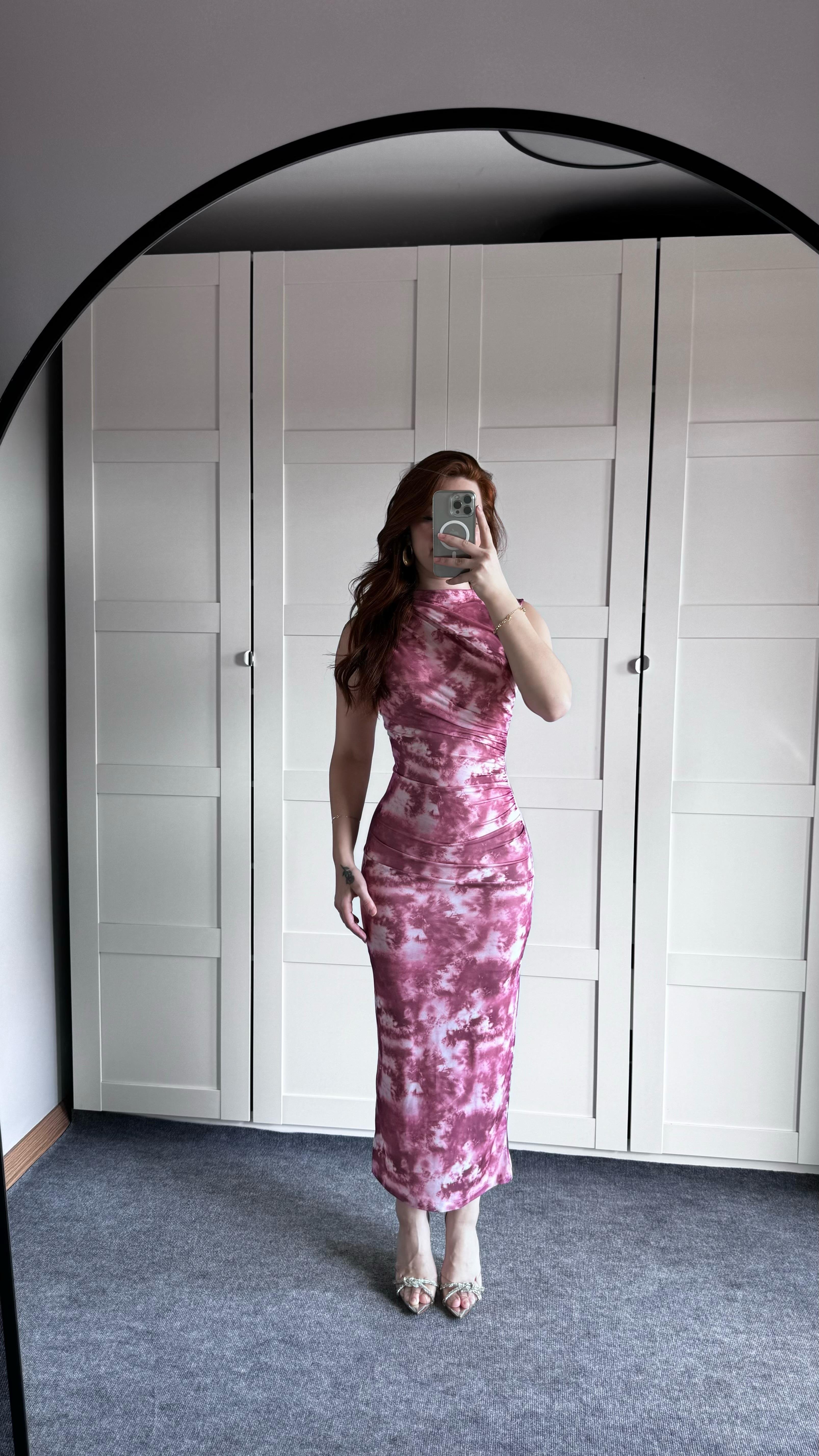 Drapeli Sıfır Kol Batik Pembe Elbise