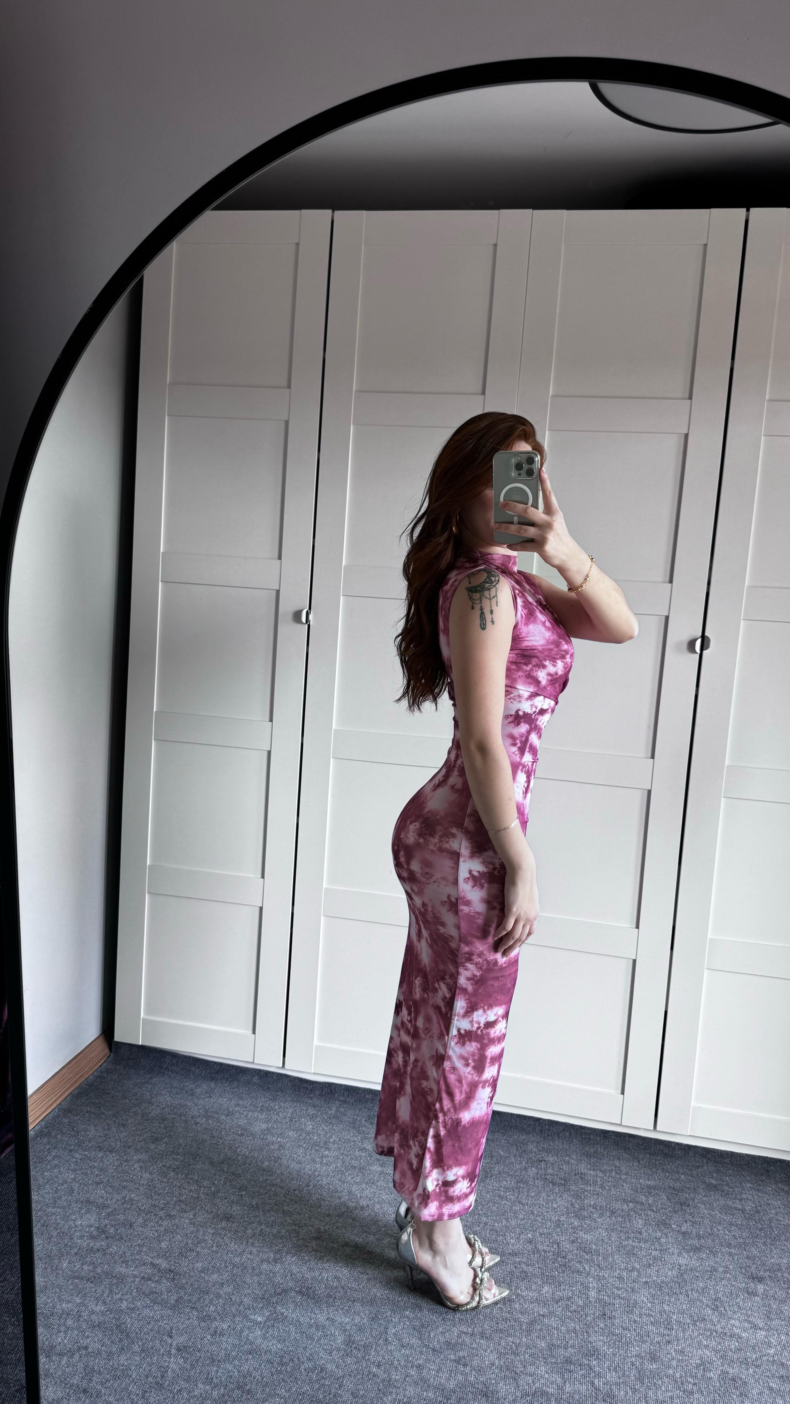 Drapeli Sıfır Kol Batik Pembe Elbise