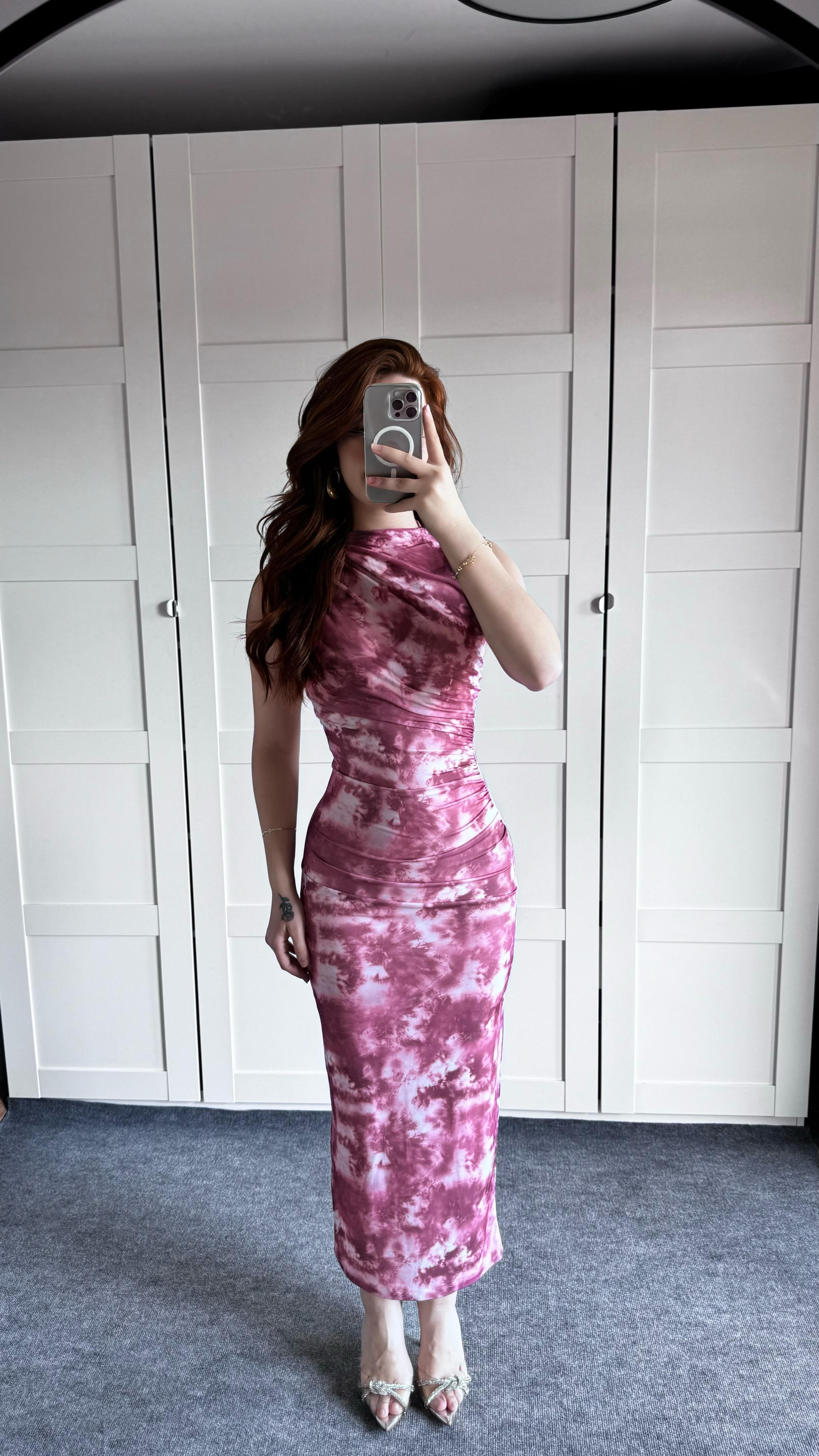 Drapeli Sıfır Kol Batik Pembe Elbise