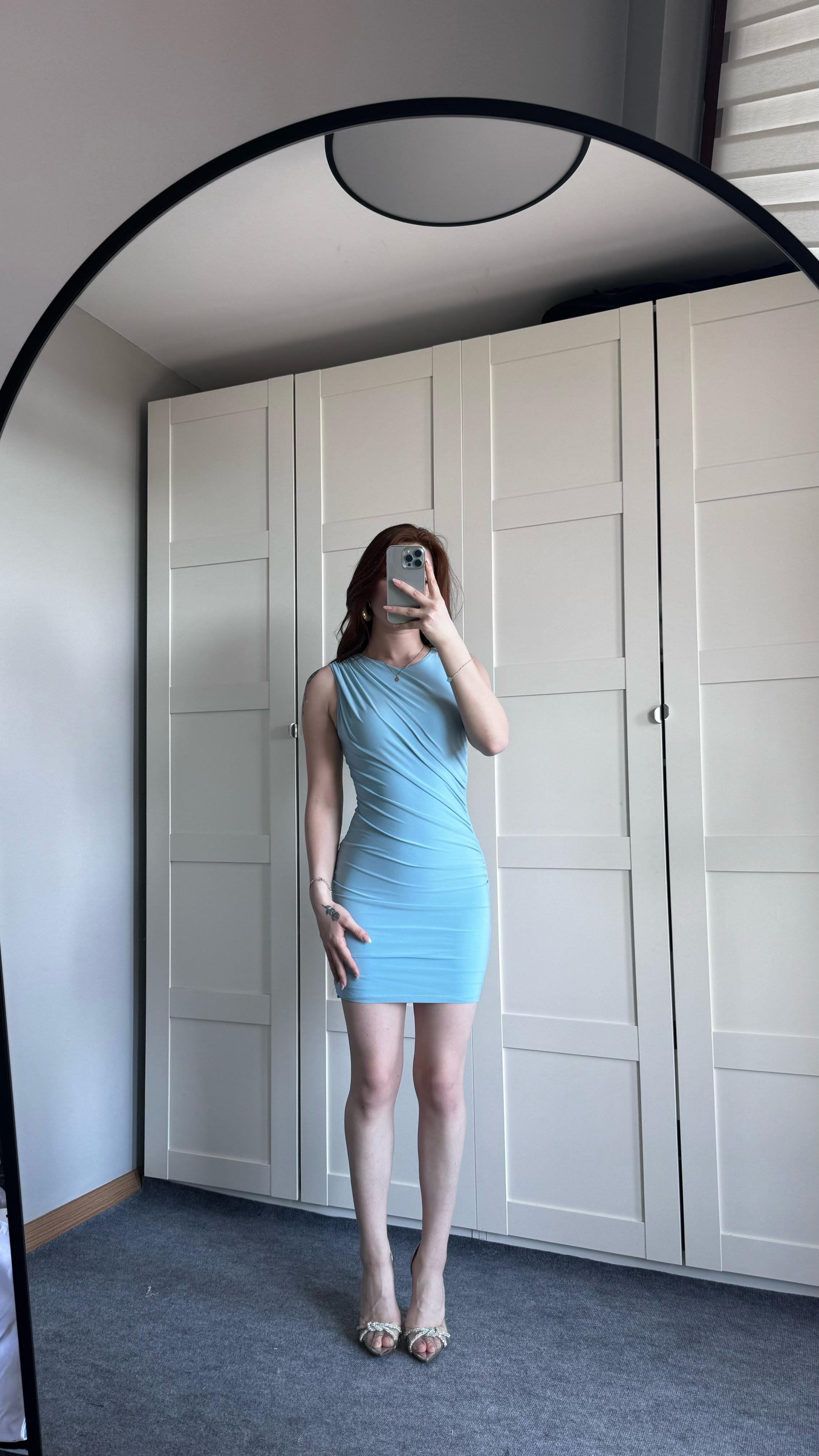 Drapeli Sıfır Kol Mini Bebe Mavisi Elbise 