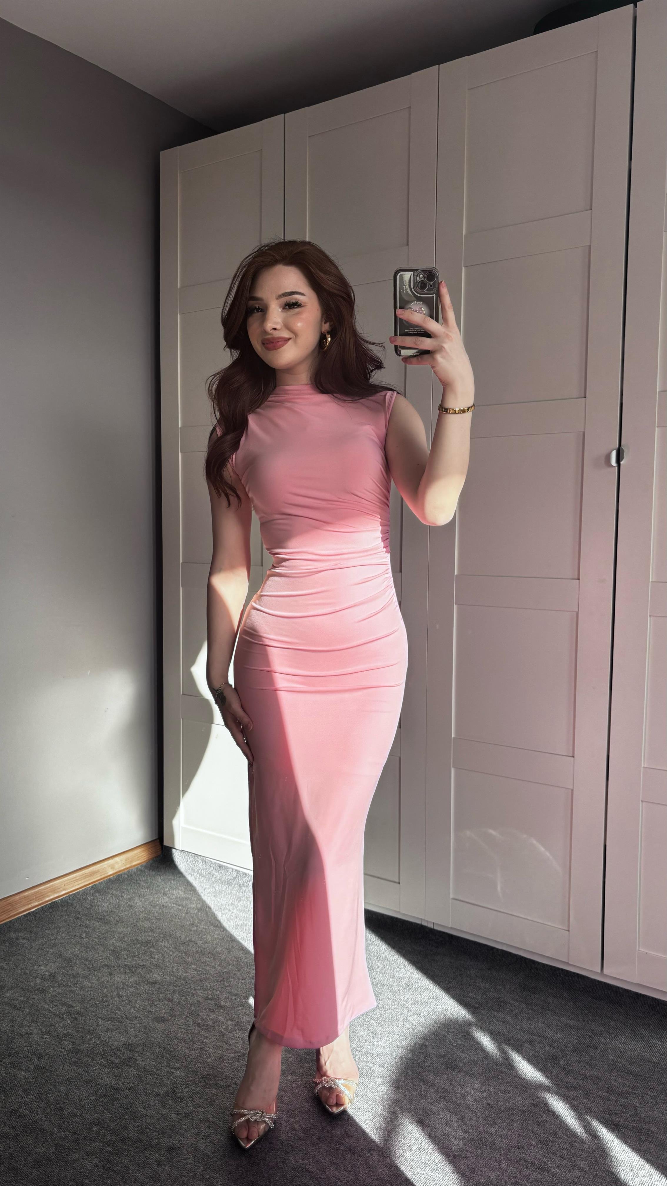 Drapeli Sıfır Kol Pembe Elbise