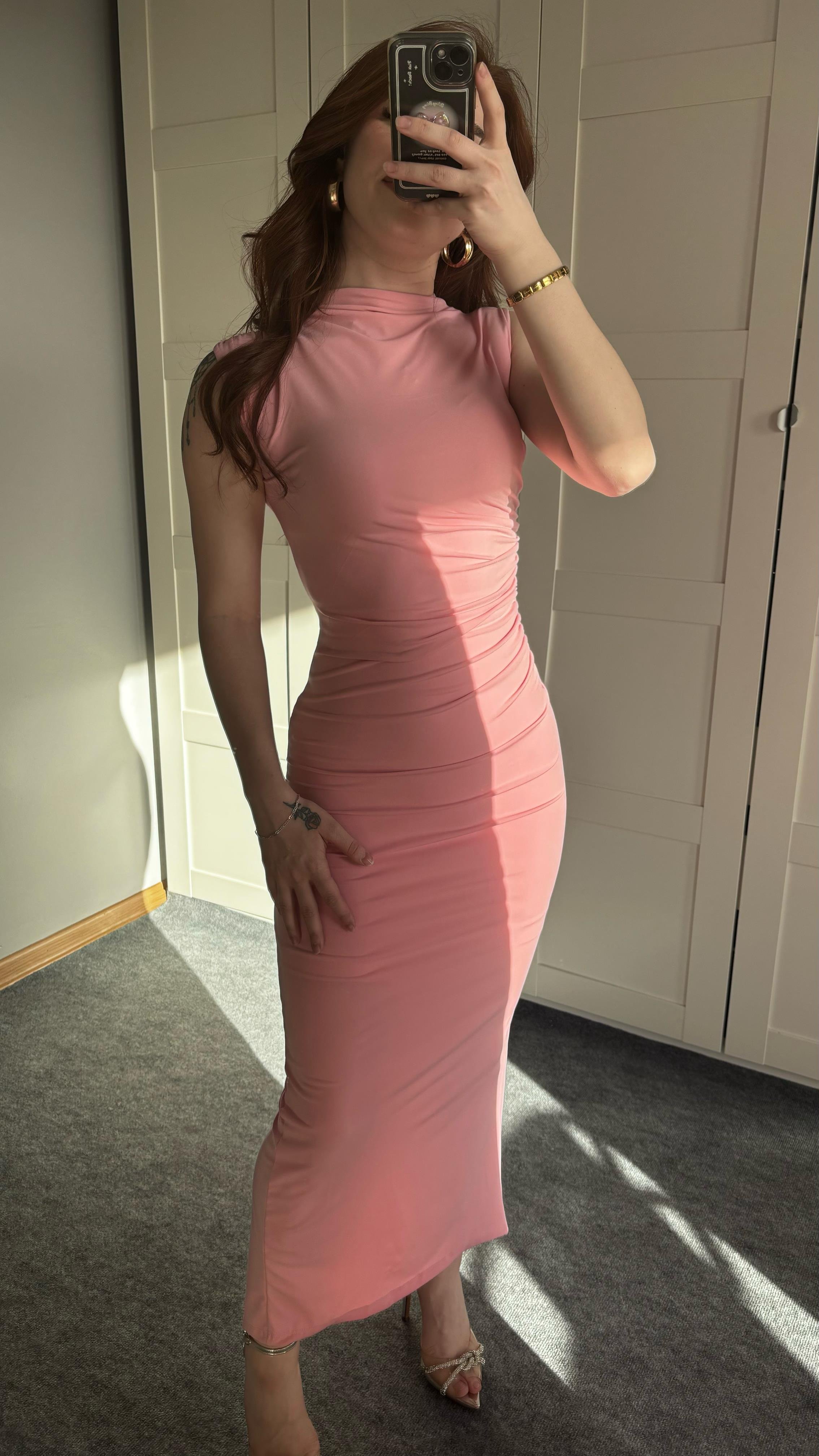 Drapeli Sıfır Kol Pembe Elbise